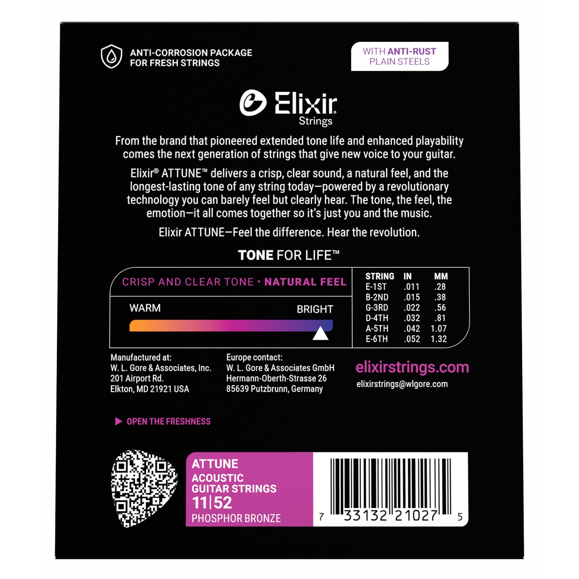 Elixir Strings, corde per chitarra acustica ATTUNE, Phosphor Bronze, suono nitido e chiaro di lunga durata con sensazione naturale, set da 6 corde, Custom Light 11-52
