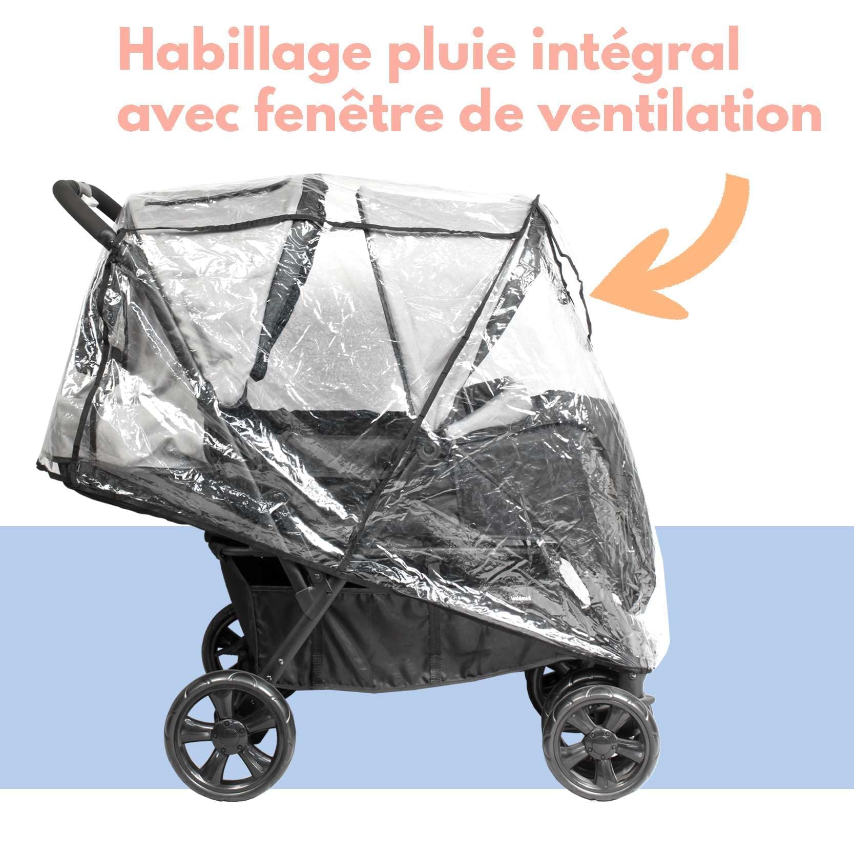 BAMBISOL | Poussette Double Bébé & Nouveau-Né | Siège Allongeable | Pliage 1 Main | Habillage Pluie Inclus | Dossiers Réglables, Harnais 5 Points | Grand Panier | Légère & Compacte | Gris Noir