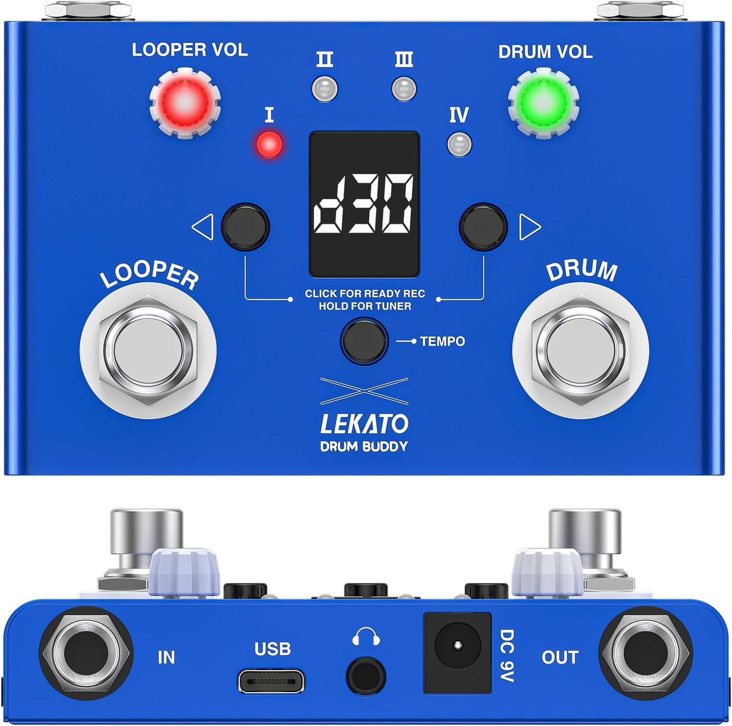 Drum Looper Pedal with Tuner, 4-11 Minute Loops, App for Customizing Drum Grooves for Electric Guitar and Bass, Tap Tempo