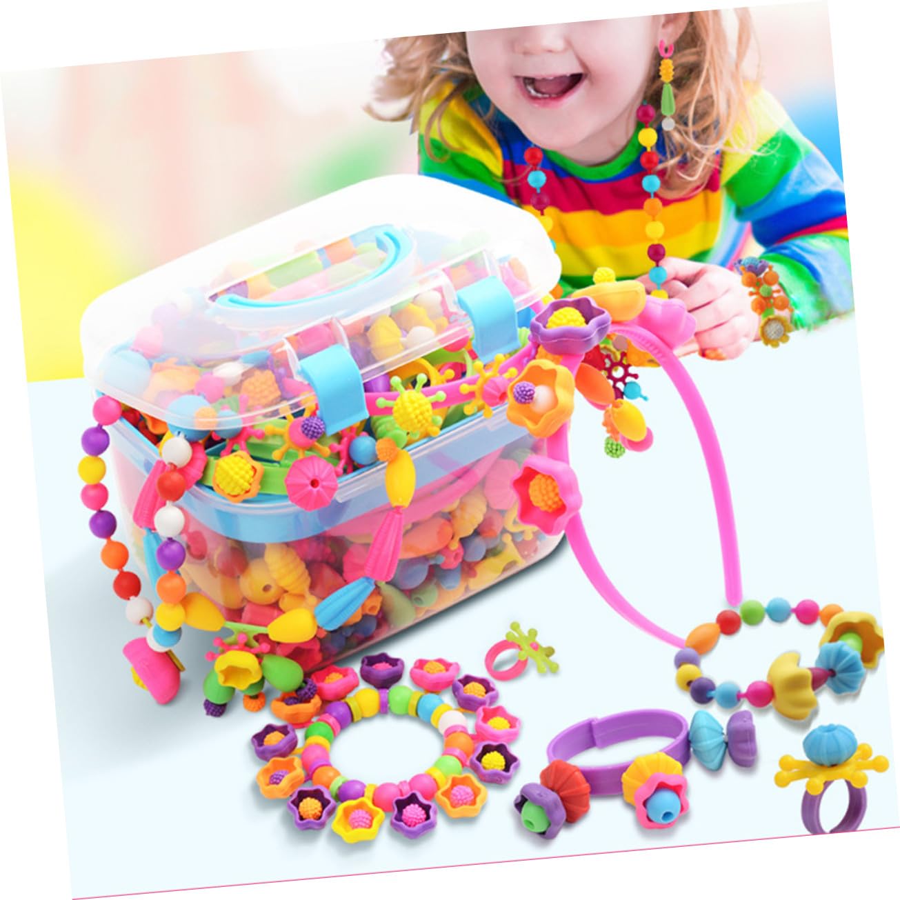 HONITANO Juego de Cuentas de Plástico para Manualidades Infantiles Caja Transparente, Lavable Diferentes Tamaños para Hacer Pulseras y Collares en Casa