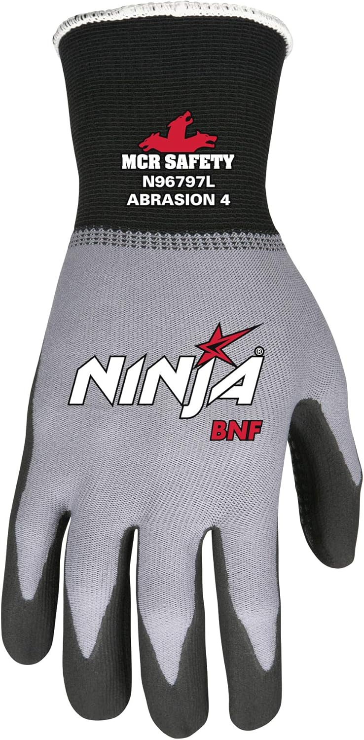 MCR Safety Ninja BNF N96797L Work Gloves, 15 Gauge NylonSpandex Shell, Breathable Nitrile Foam(BNF) Coated Palm & Fingertips with Grip Dots, Large