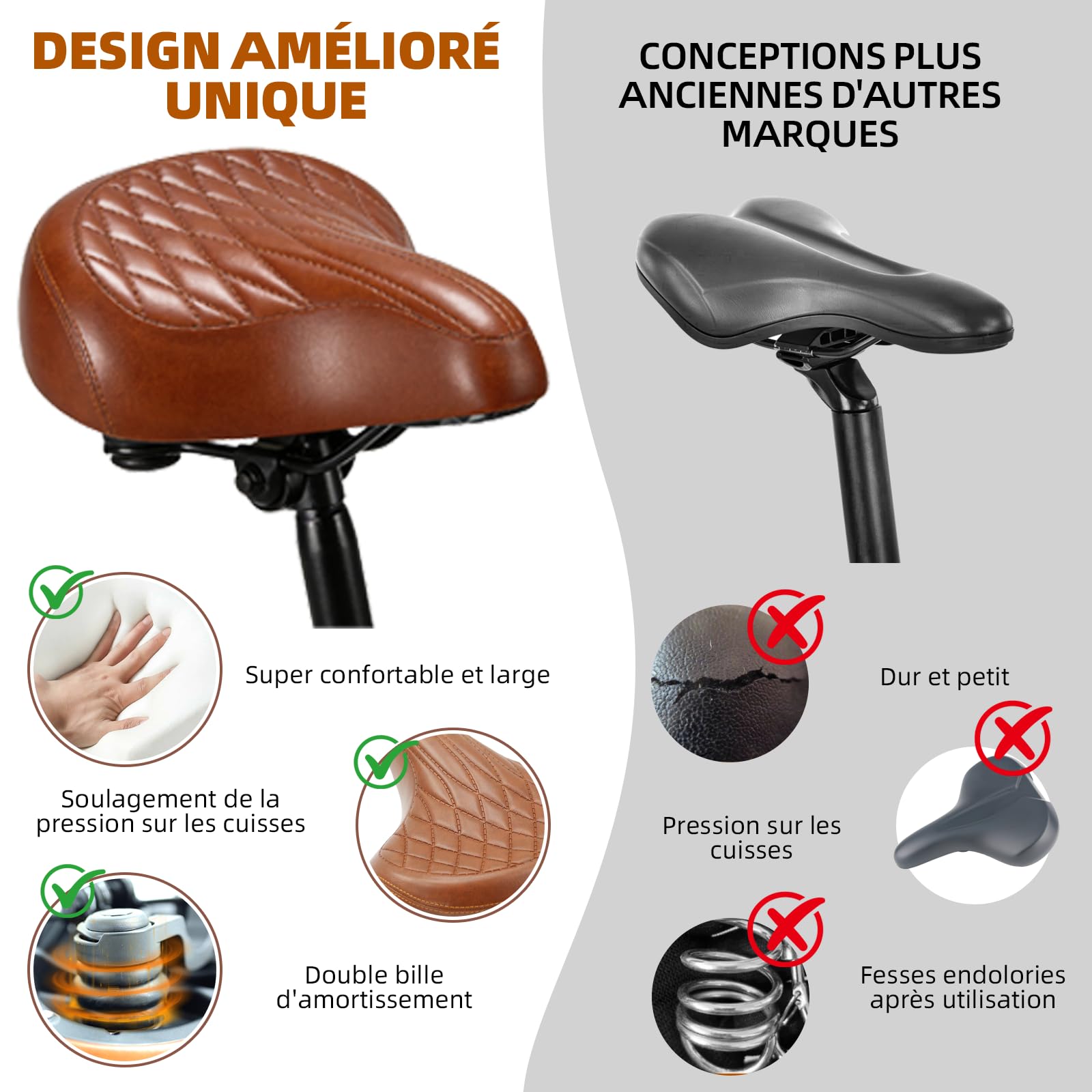 Selle de vélo universelle large et confortable - Selle rétro unisexe adaptée aux vélos de montagne, vélos de ville, vélos électriques, marron