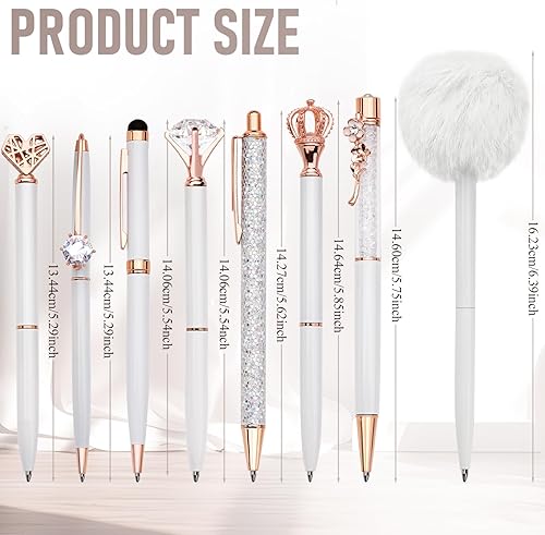 Miniatura 9 de WEMATE - Juego de 8 bolígrafos de metal con cristales y diamantes, con purpurina para diario, brillo blanco en tinta negra y azul, para mujeres, Día