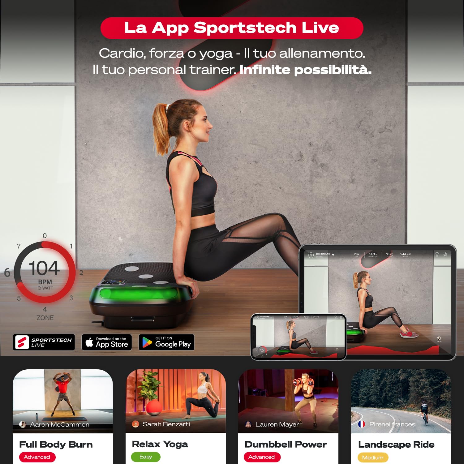 Sportstech - VP400 4D Pedana Vibrante, Curvo Pedana Vibrante Fitness con Tecnologia Smart LED, Compatto Attrezzi Fitness con Orologio Remoto, Fasce di Resistenza e Pavimento Tappetino da Palestra