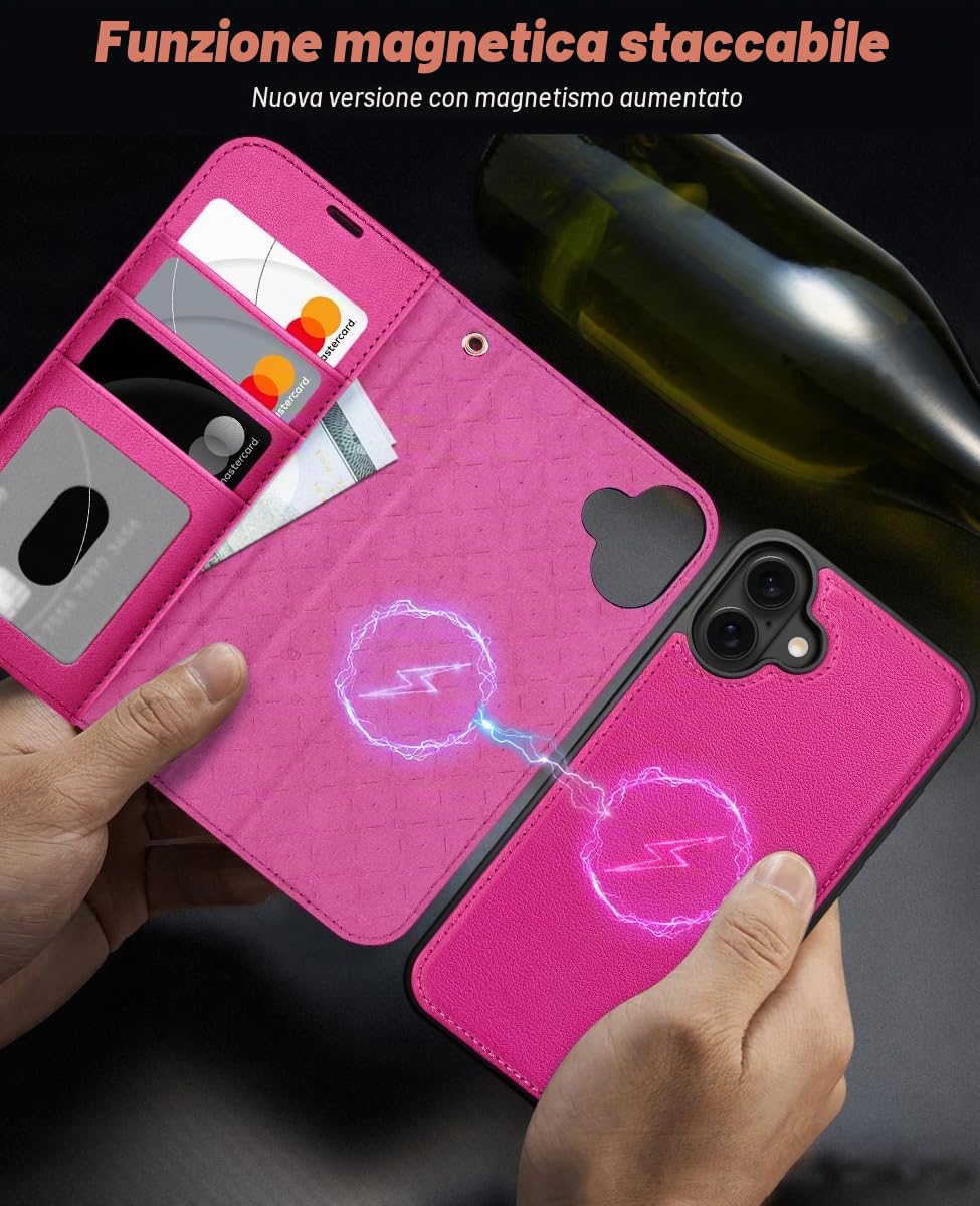 OCASE Custodia iPhone 16, Rosa Rosso, Pelle, Wallet con Slot per Schede, Cavalletto, Antiurto, Antiscivolo, Installazione Semplice, Compatibile con iPhone 16 (6.1 Pollici)