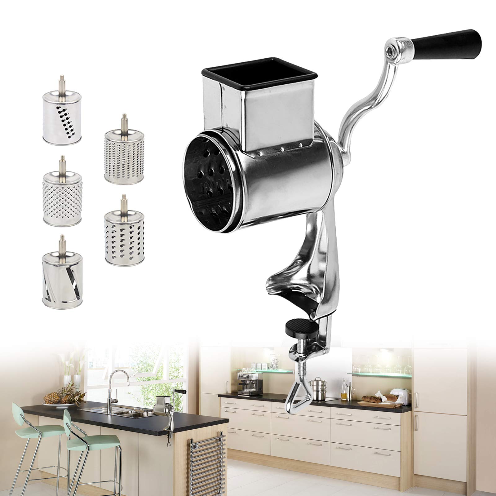 Grattugia manuale per patate a manovella, in acciaio inox, 5 tamburi, per insalata, verdure, cipolla, carote, argento