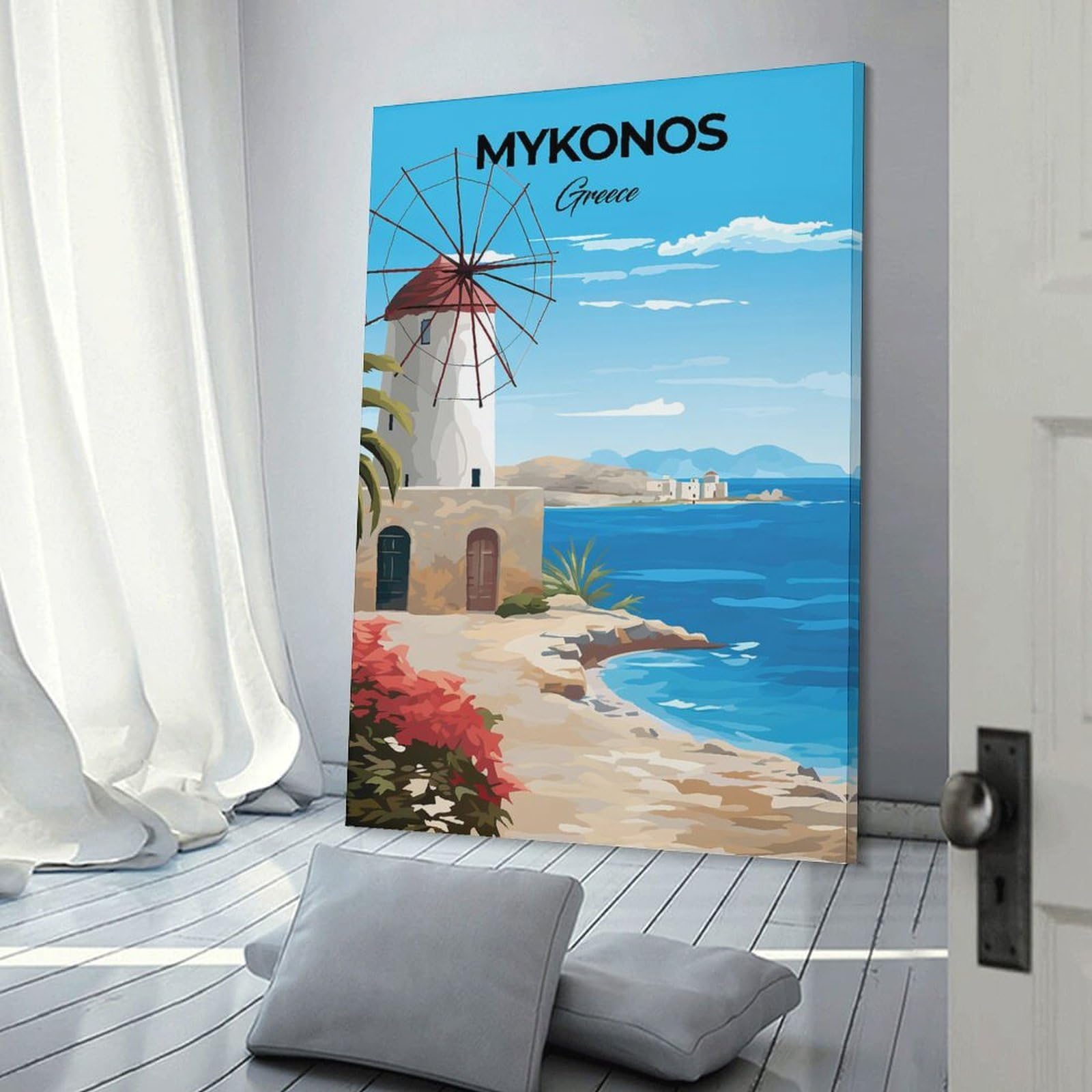 Junmoney Mykonos Greece Travel Wall Art Print 24x36inch(60x90cm), for Hallway, Entryway Or Landing, A Neat Decor Update for Hallways, for Everyday Interiors