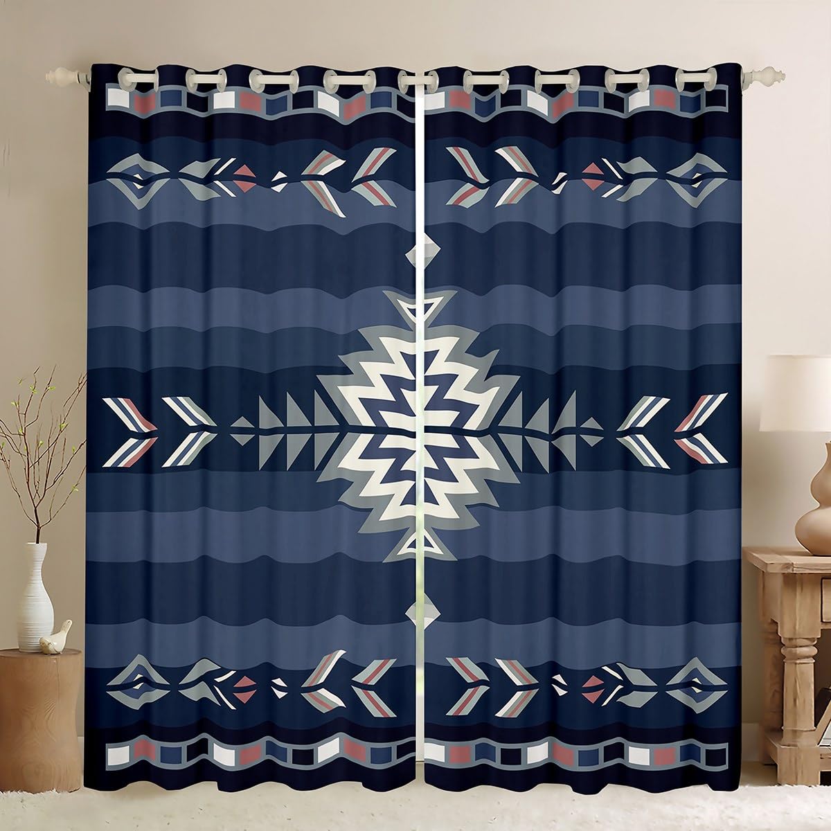 Feelyou (2 Panels, 42 x 84 Inch) Southwest Native Design Darkening Dreapes Southwestern Geometric Curtains for Bedroom Living Room Kids Tribal Blackout Curtains Blue Window Treatments