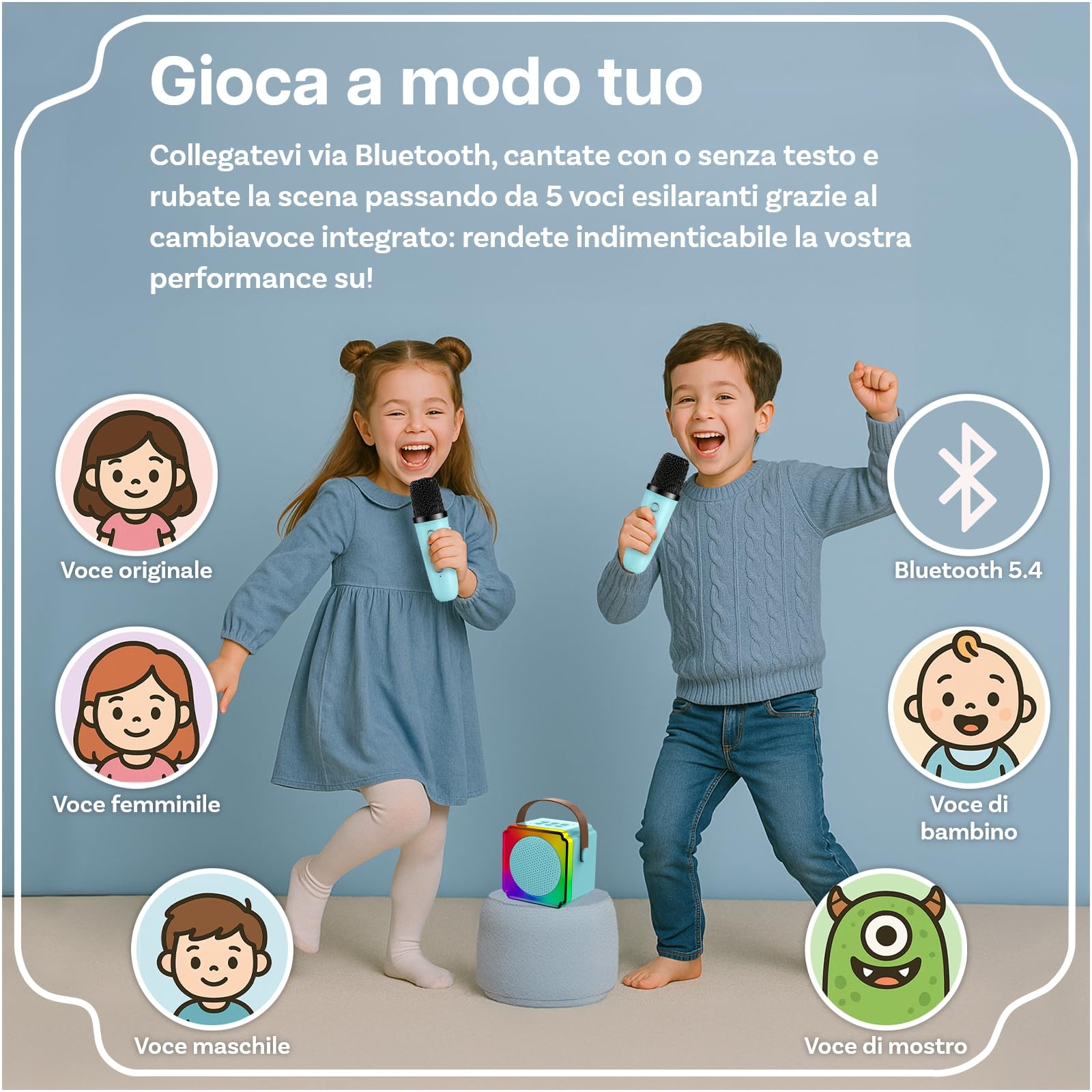 Macchina Karaoke per Bambini con 2 Microfoni Wireless di MMOBIEL – Portatile Cassa Bluetooth, 2 Microfono, Luce LED, Effetti Vocali – Giocattolo Musicale, Regalo per Ragazze, Ragazzi, Bambini 3+, Blu