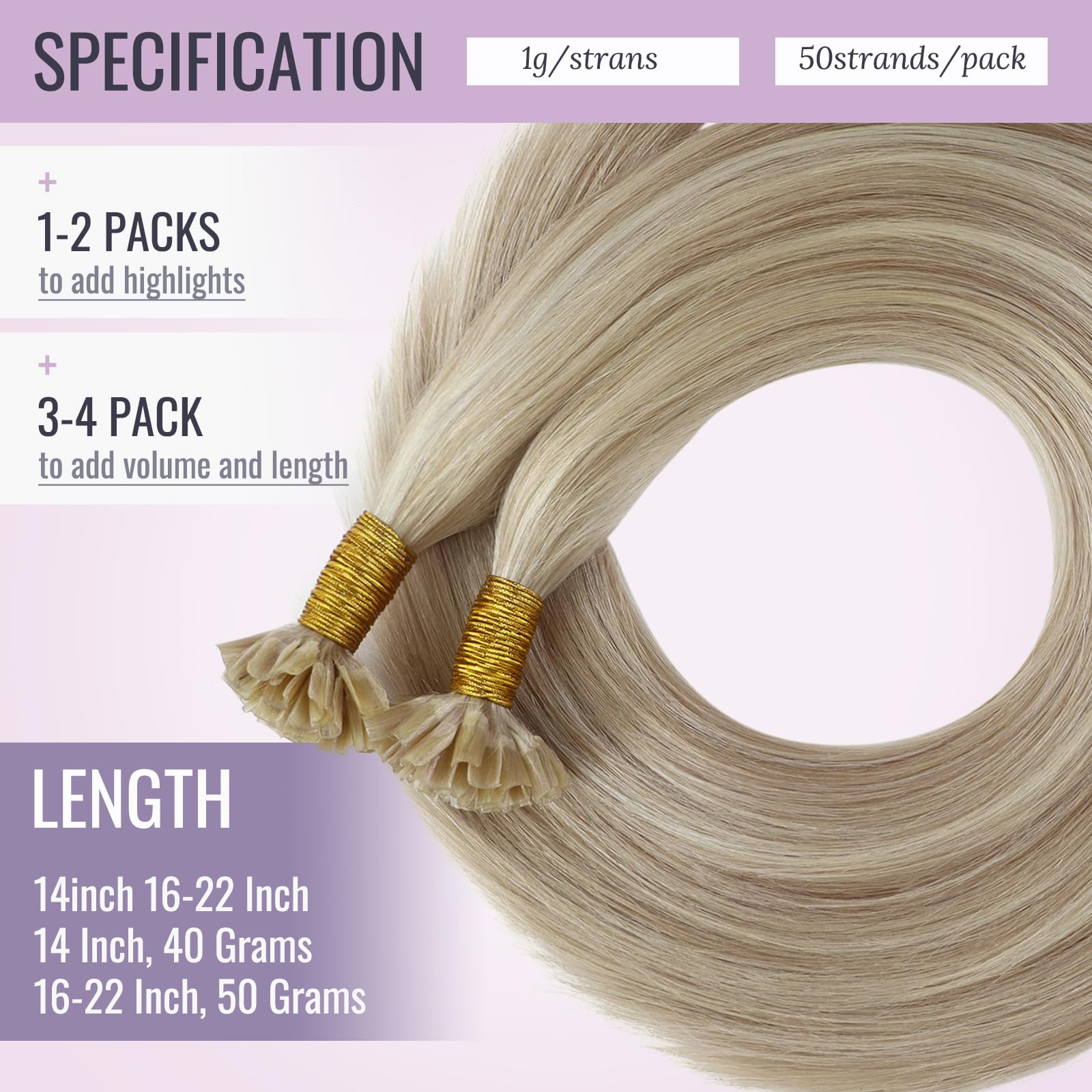 Fshine Capelli Cheratina Extension 45CM 50g Lisci Brazilian Colore 18 Biondo Cenere Highlight 613 Candeggina Bionda 1g/ciocca - Keratin Human Hair