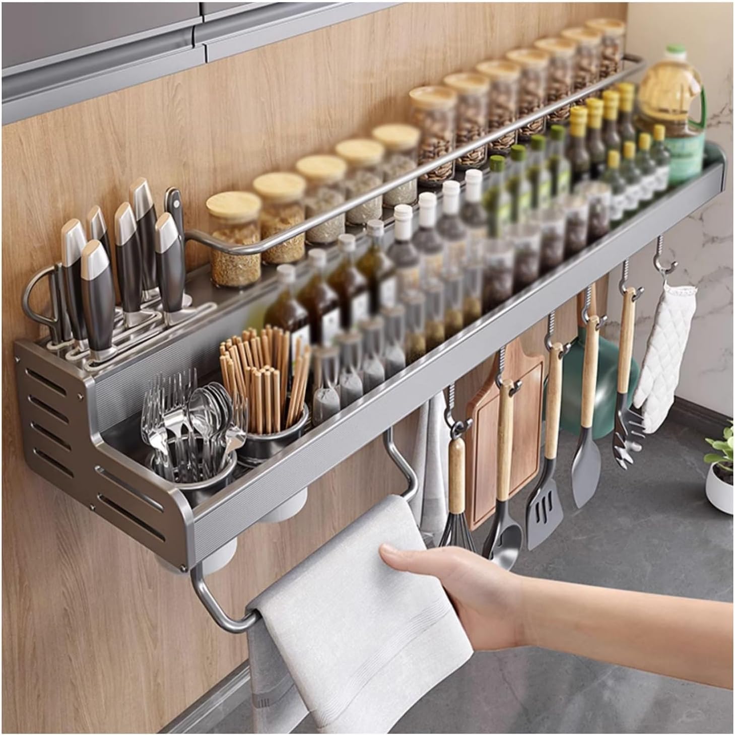 DLLDQBD Double Layer Kitchen Spice Rack – Wall Mounted Storage Shelf With Knife Holder, Hooks, And Large Capacity Design, Perfect For Organizing Cooking Utensils And Seasonings(Size:50cm (19.7in))