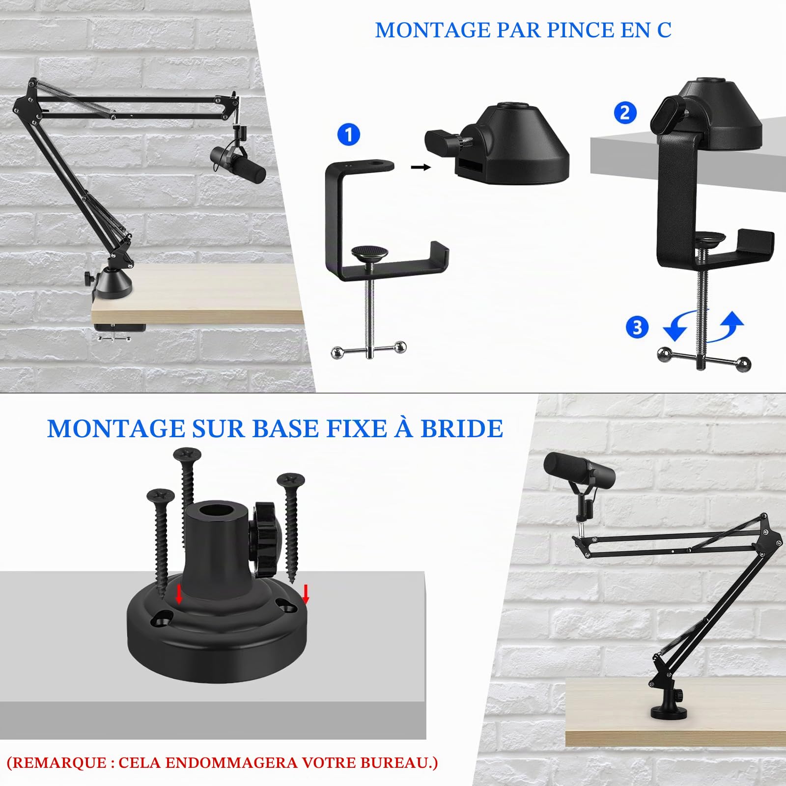 Geekria Bras de micro pour créateurs compatible avec Shure MV7+, MV88+, SM7B, MV7, MV7X, SM57, adaptateur de bras perche, support de suspension, fixation bureau