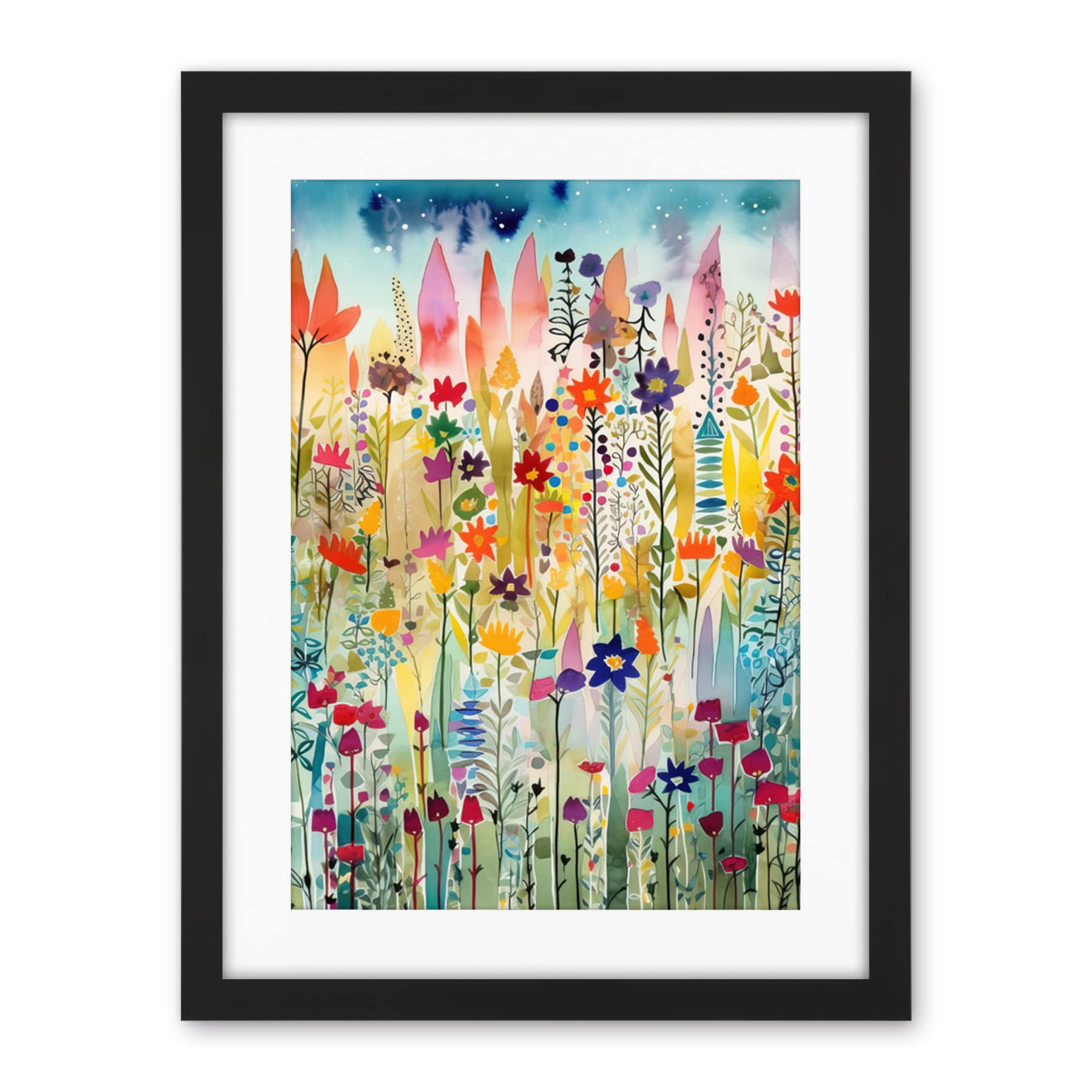 Artery8 Layered Spring Flower Field Folk Art Artwork Framed Wall Art Print 18X24 Inch