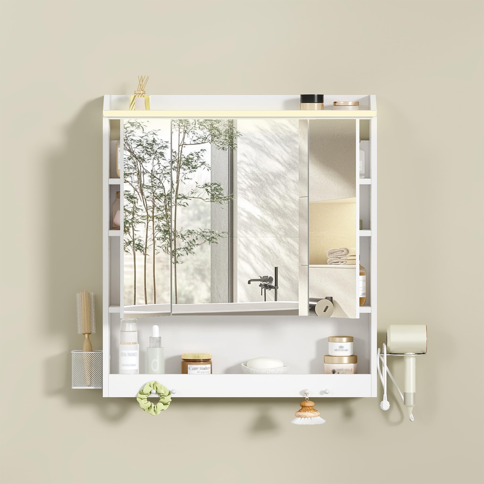 HEXCELEN Armario de Baño con Espejo y Luz LED, Armario de Pared, Compartimento Abierto, Estante Interior Ajustable, Mueble Espejo de Pared, Blanco, 15 x 70 x 78,8 cm 590303X