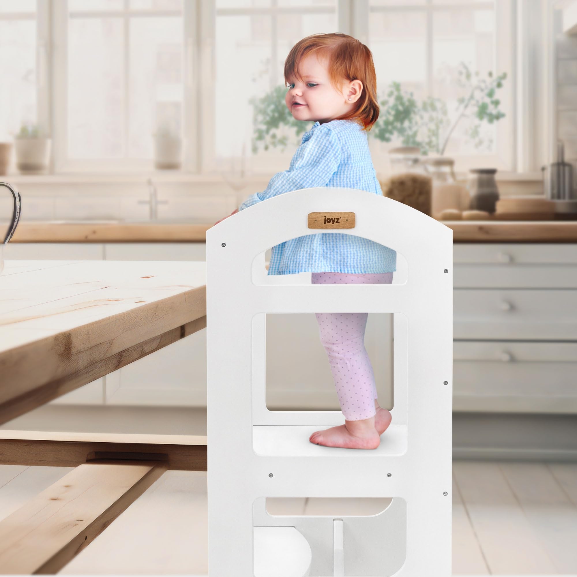 Joyz 2 in 1 Lernturm für Kinder ab 1 Jahr, Montessori Lernstuhl mit Tafel, Weiß, aus Holz, Tritthocker Verwandelbar in Kindertisch und -Stuhl, Hochstuhl Schemel Küchenhelfer Lerntower Learning Tower