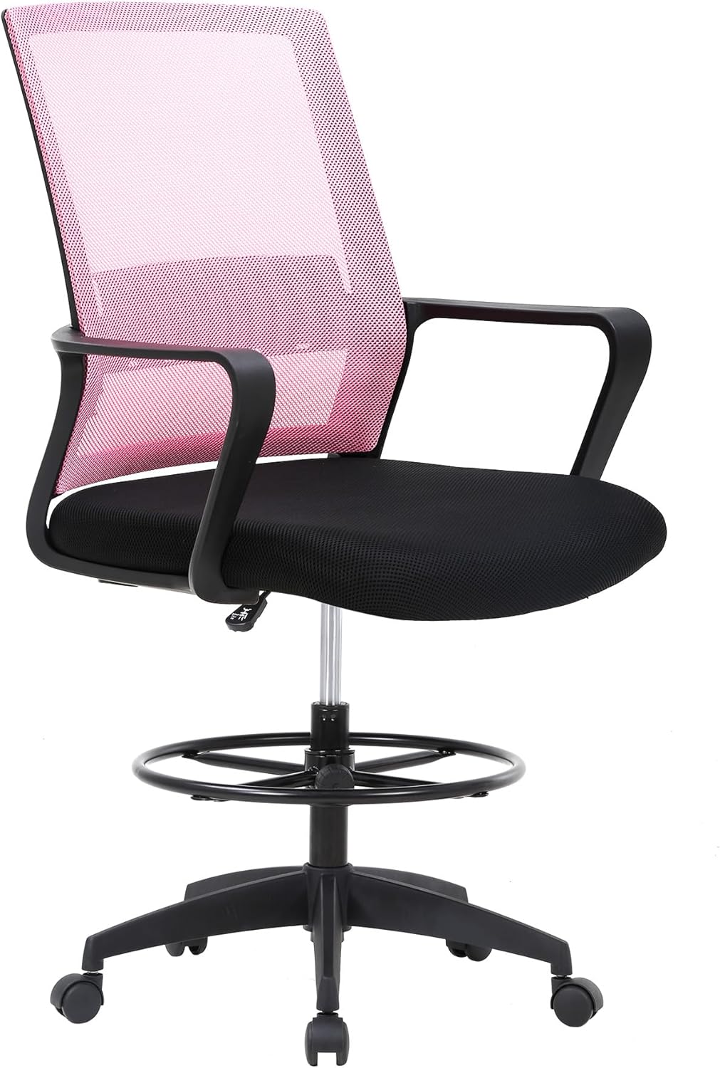 Drafting Chair Tall Office Chair Adjustable Height with Lumbar Support Arms Footrest Mid Back Desk Chair Swivel Rolling Mesh Computer Chair for Adults Standing Desk Drafting Stool(Pink)