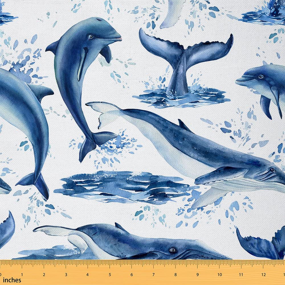 Dolphin Fabric by The Yard Watercolor Whales Cute Ocean Animal Upholstery Fabric for Chairs and Home DIY Projects Jumping Dolphins Decorative Waterproof Fabric 10 Yards (L920*W150cm) White Blue