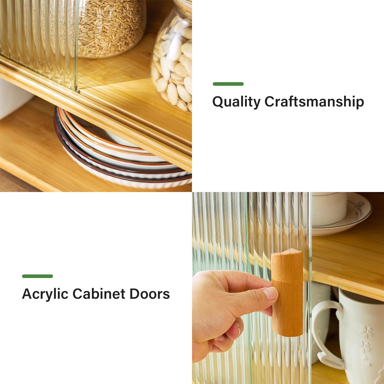 Aparador de despensa de cocina de bambú con dos puertas de cristal, armario de almacenamiento independiente para platos, cuencos, tazas, exhibición multifuncional