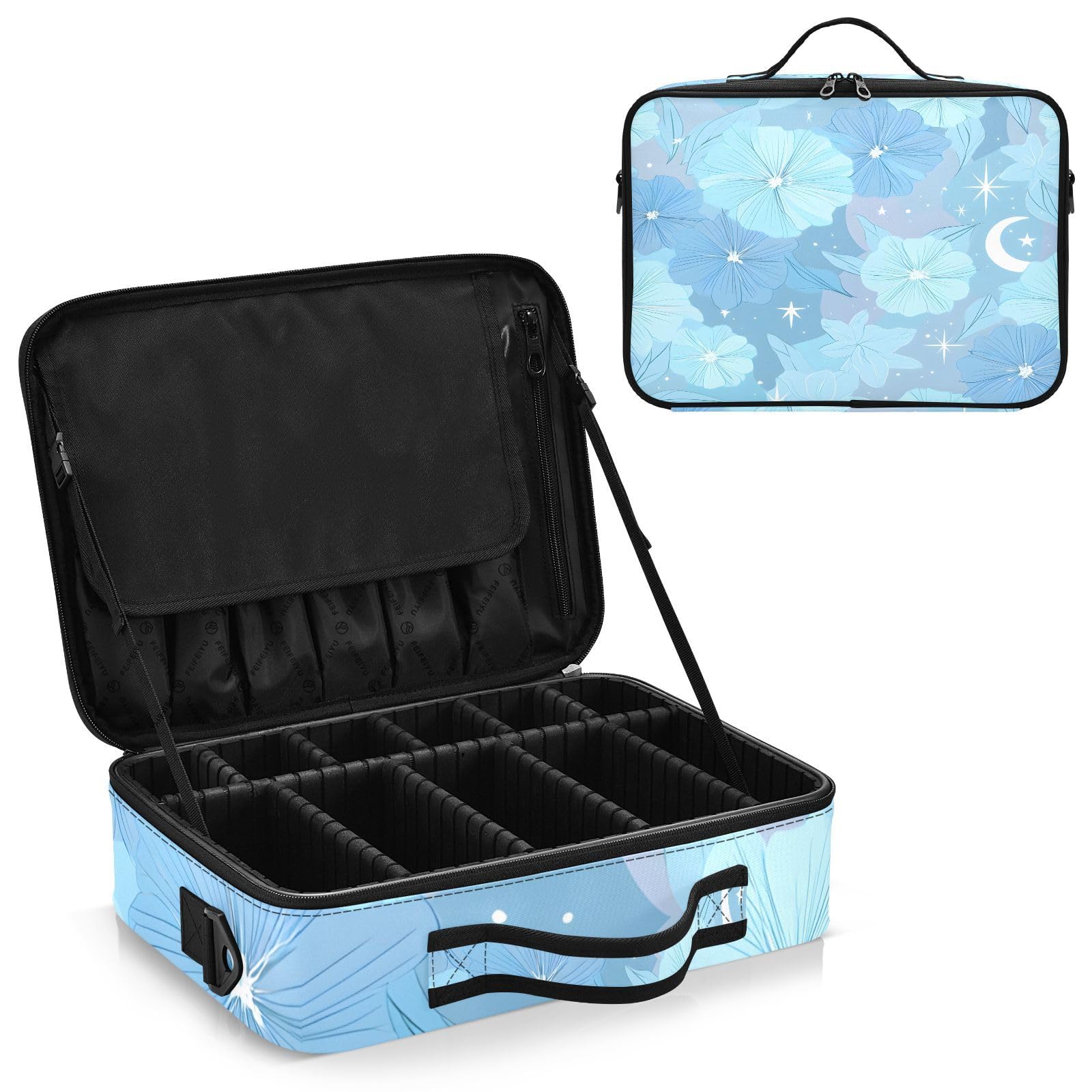 zyrtty Travel Makeup Train Case Light Blue Flowers Pattern Cosmetic Organizer Portable Storage Bag with Adjustable Dividers for Cosmetics Brushes Toiletry Jewelry Digital Accessories