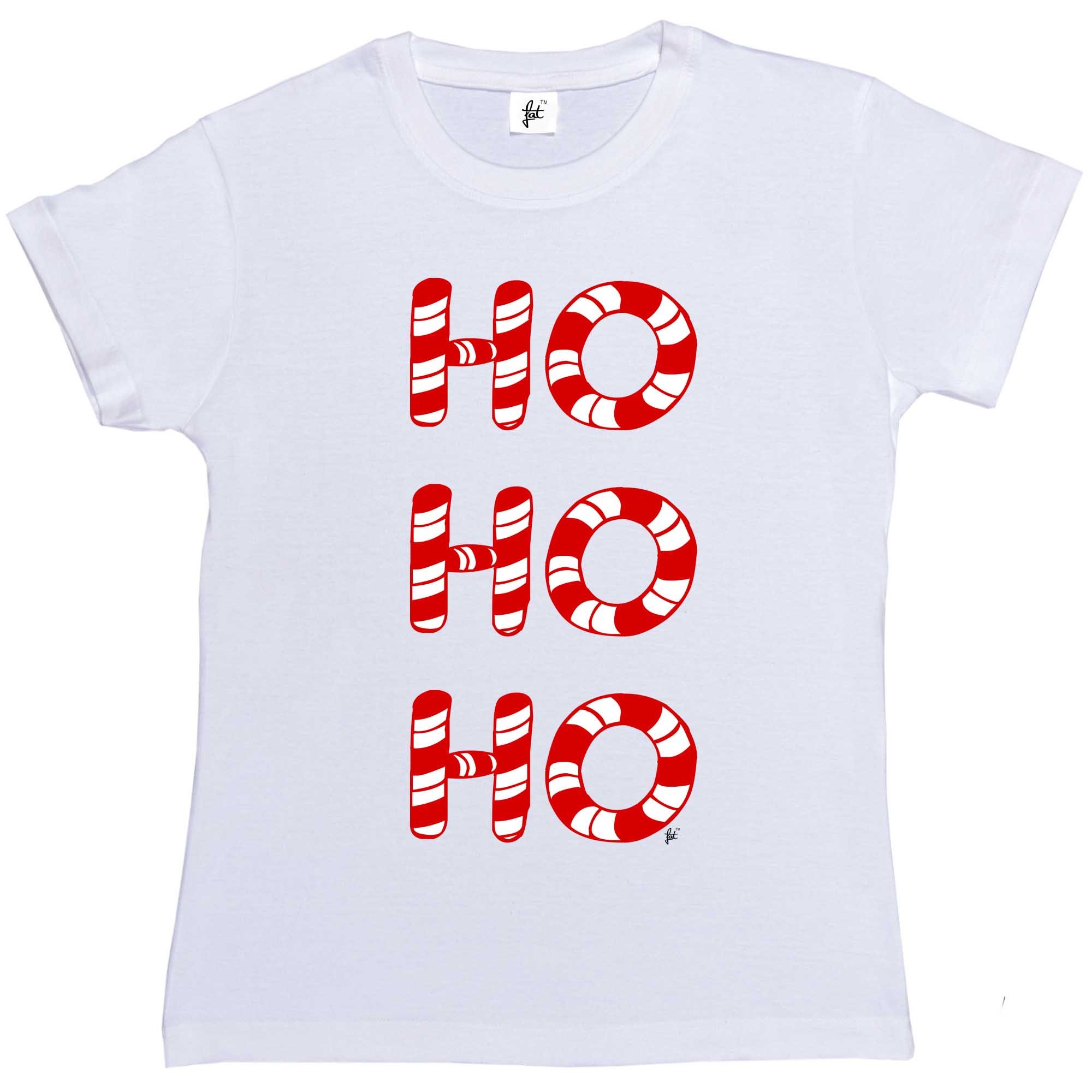 Fancy A Snuggle HO HO HO Christmas Candy Canes Womens Boyfriend Fit T-Shirt White Small