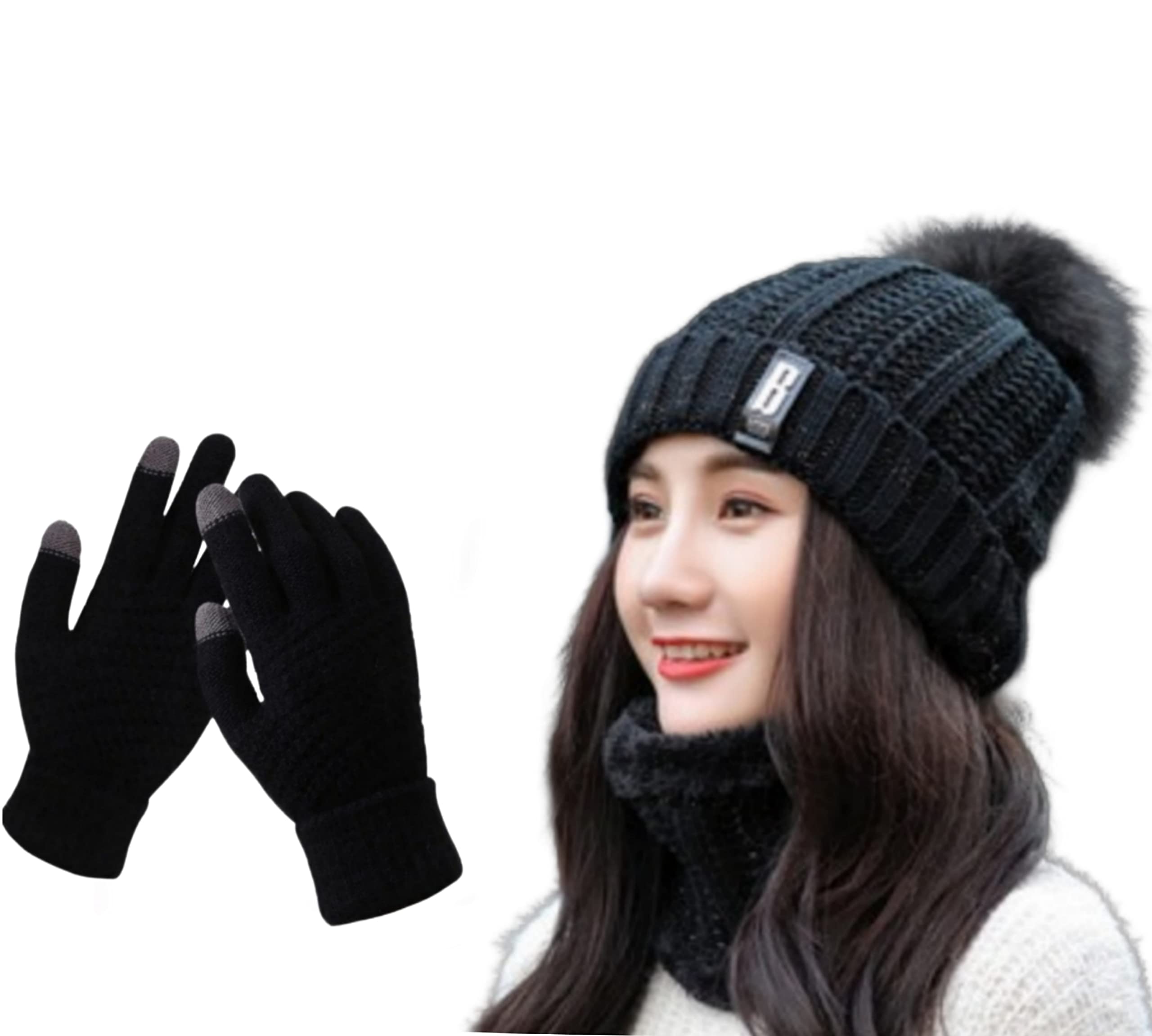 reffer Women's Winter Woolen Beanie Cap and Neck Scarf Warmer and Touch Screen Gloves Set Snow Proof, Inside Fur, Warm Woolen Cap for Women, Girl's (Free Size)-picture-14
