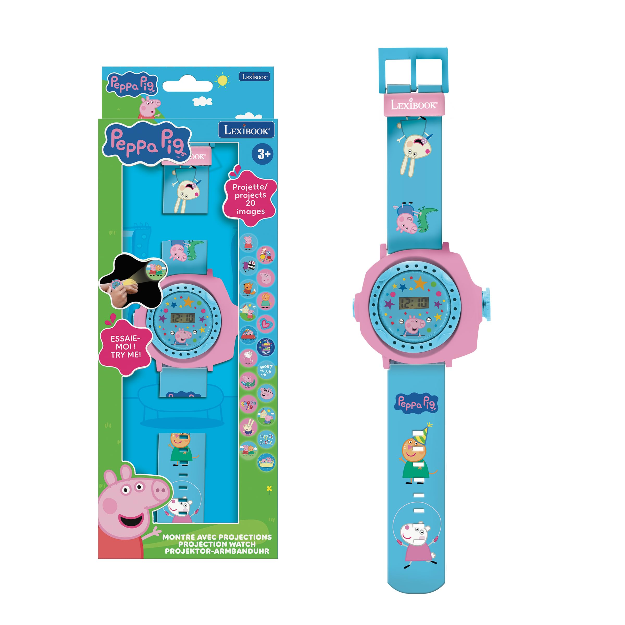 LEXIBOOK, Peppa Pig, Adjustable Wristwatch with projections, Projects 20 Peppa Pig Images, Digital Screen, for Children, DMW050PP