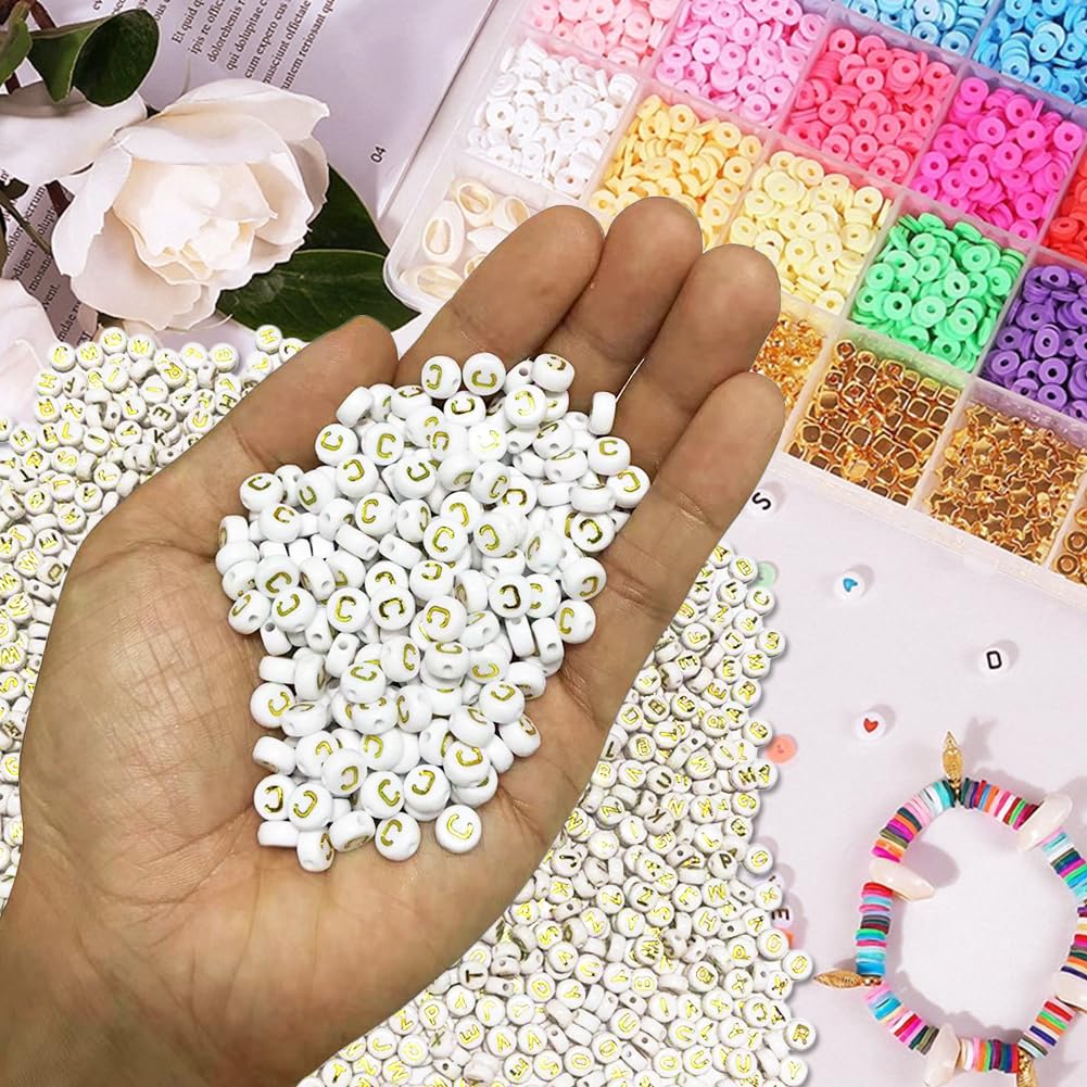 500PCS 4x7mm Acrylic Letter Beads C for Friendship Bracelets Jewelry Making White Flat Round Acrylic with Golden Alphabet Beads for DIY Crafts Bracelets Necklaces Key Chains Phone Lanyard - Image 3