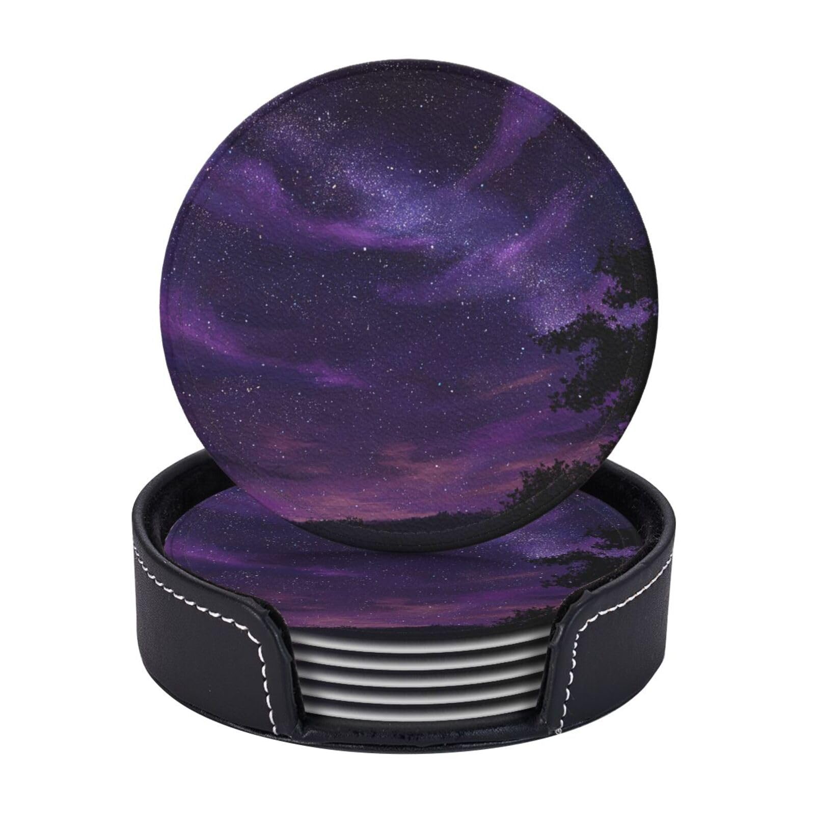 Drink Coasters 6Pcs Round Leather Coaster with Holder Purple Starry Skys Coasters for Drinks Coffee Cup Mat Heat Resistant Coaster for Tabletop Protection Desk Accessories Office Home Decor