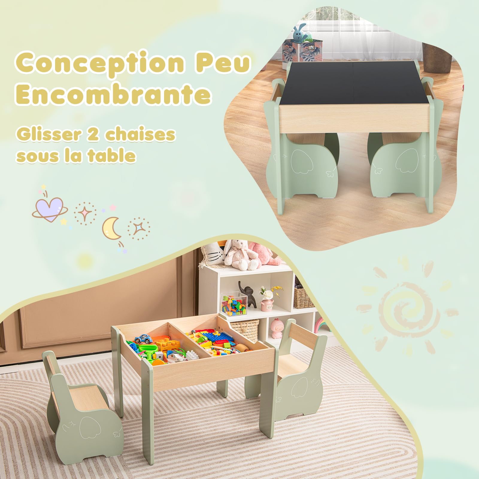 COSTWAY 4 en 1 Table Enfants avec 2 Chaises en Forme d'Eléphant, Table et Chaises en Bois avec Tableau Amovible, Espace de Rangement, Bureau pour Dessiner Jouer, Charge 30kg pour 3-6 Ans (Vert)…