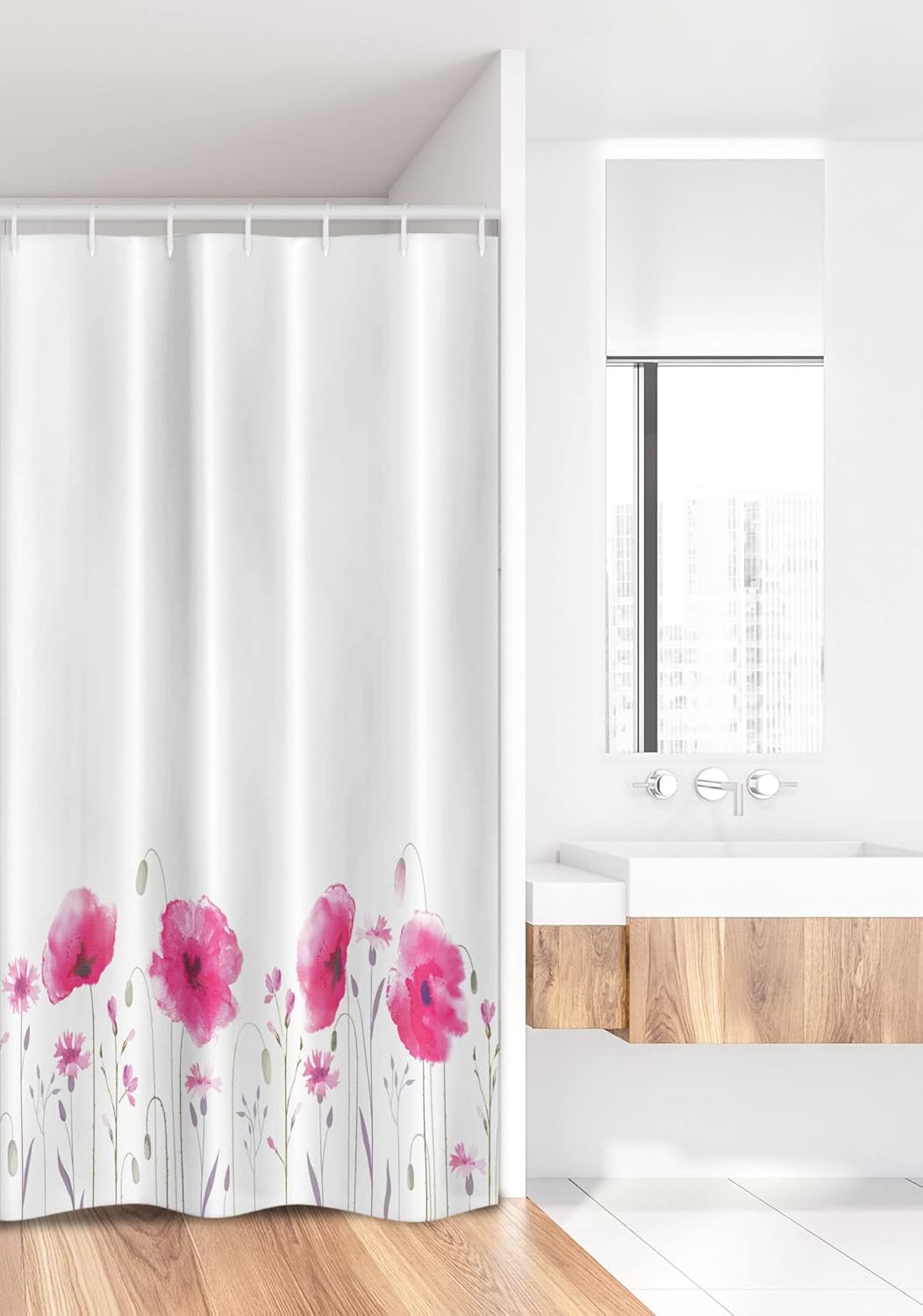 Ambesonne Floral Stall Shower Curtain, Mass of Flower Glade with Poppy Petals Summer Garden Theme Field Elements Art Print, Fabric Bathroom Decor Set with Hooks, 36" W x 72" L, Pink