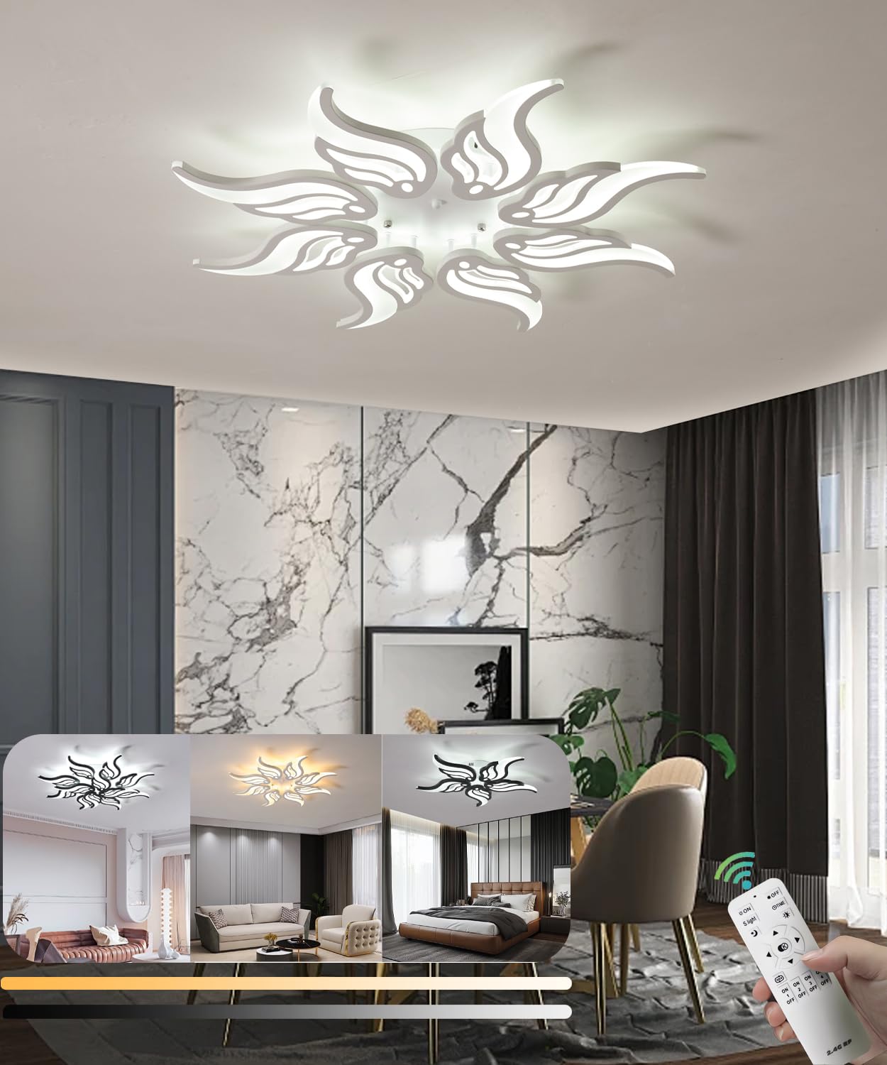 Modern Ceiling Light Dimmable Living Room LED Ceiling Lamp with Remote Control 58W Fancy Ceiling Light Fashions Acrylic Pendant Lamp for Bedroom Dining Room Office (White, 8heads)