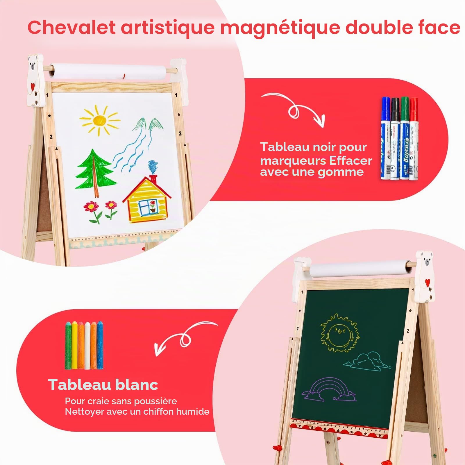 Chevalet Peinture Enfant,Tableau Double Face Tableau Blanc et Noir en Bois et Hauteur Réglable,Chevalet Pour Enfant avec Chiffres et Autres Accessoires Jouets Éducatifs Cadeaux Enfants 2 à 8 Ans