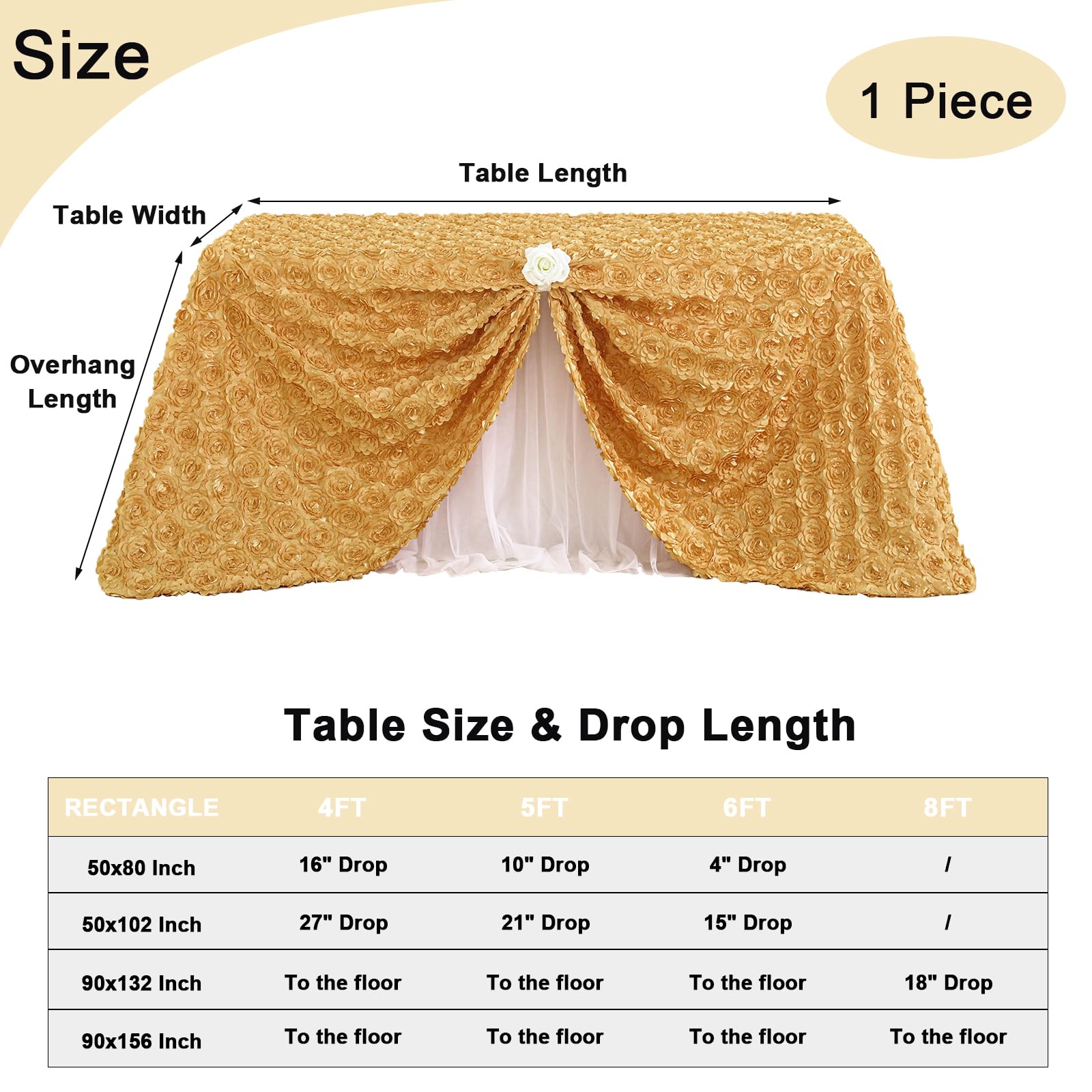 Fanqisi Obrus na stół z rozetami, 127 x 250 cm, złoty, prostokątny, satyna 3D, podwyższony obrus na urodziny, baby shower, wesele, imprezę, ciasto, dekoracja stołu