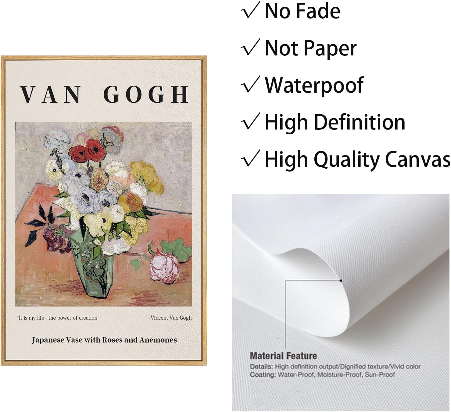 Reproductions of Van Gogh Paintings Japanese Vase with Roses and Anemones Canvas Wall Art for Living Room, Bed Room, Office Home Decoration 16x24in (Natural Framed)