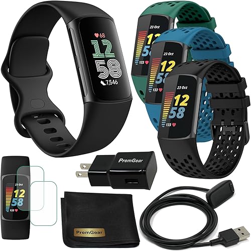 Fitbit Charge 6 Fitness Tracker Watch con Google Apps (negro) Paquete con 3 correas de reloj cómodas de silicona PremGear 3, cable de carga de 3