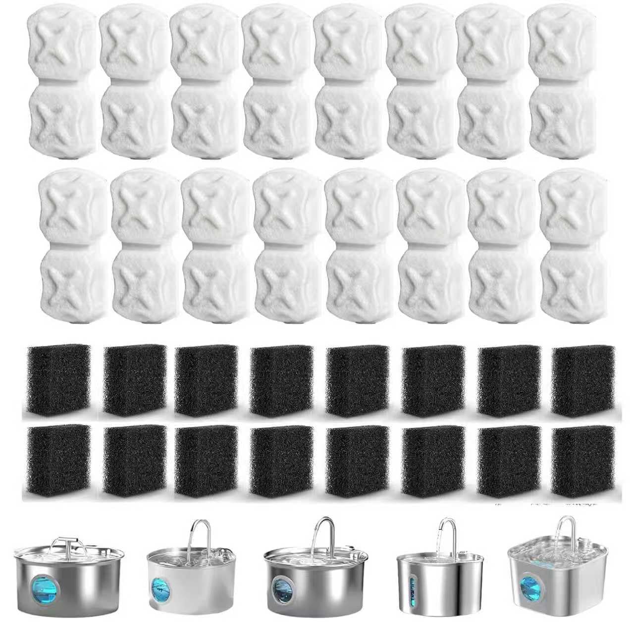 Filtro de fuente de agua para gatos, pantalla de repuesto de filtro de fuente de gato 32P para dispensador de agua de mascotas de acero inoxidable, 16 filtros de carbono y 16 filtros de espuma