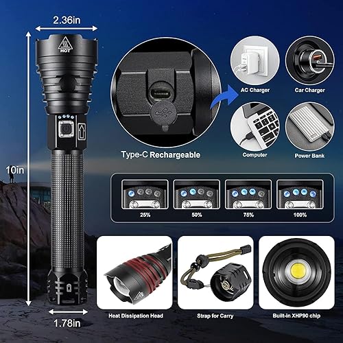 Miniatura 6 de Xhp90.2 - Linterna de mano súper brillante recargable de 250000 lúmenes, 3 modos, impermeable, linterna táctica de luz, para campamento de emergencia