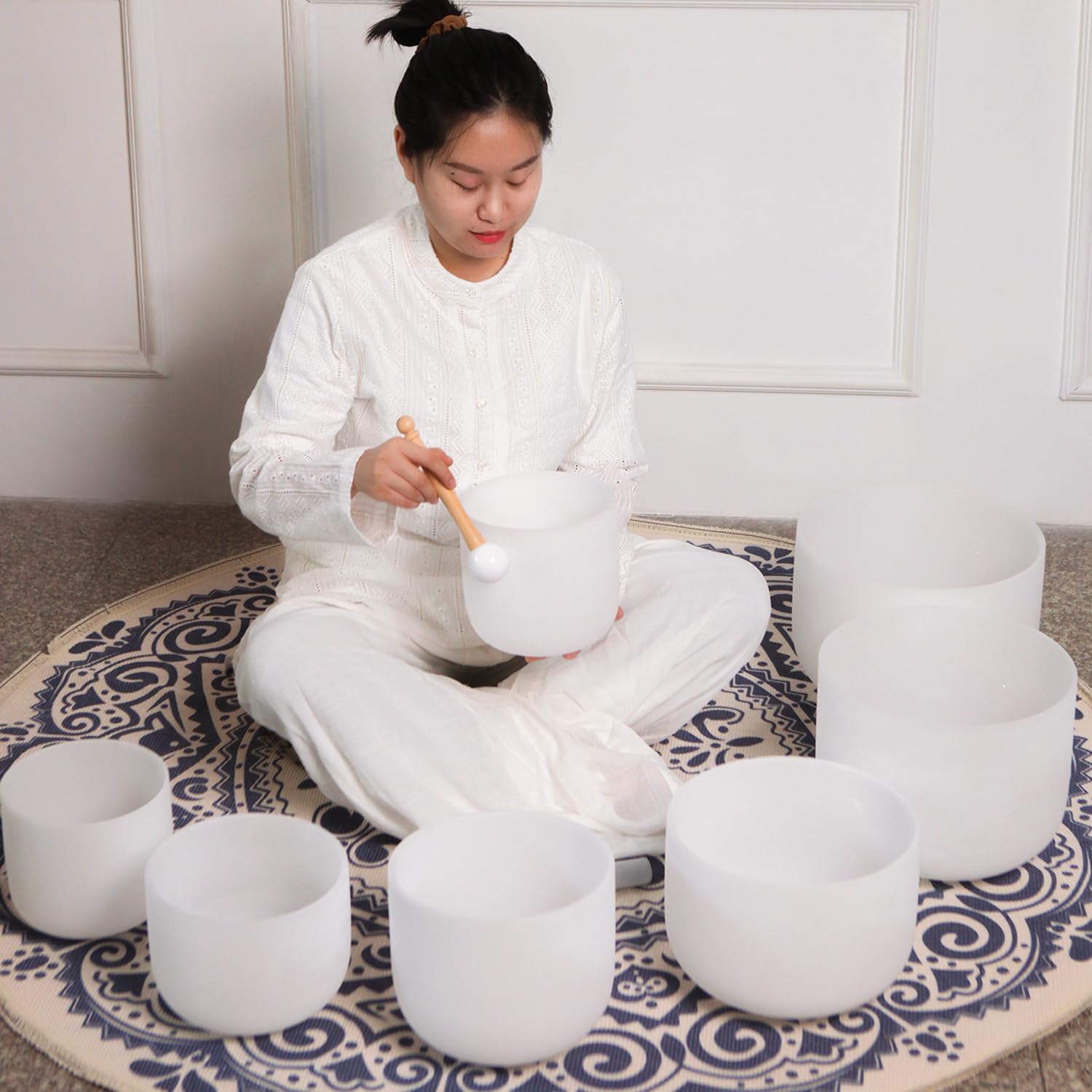 KVKA Ensemble de bols chantants en cristal de 15,2 à 30,5 cm - 432 Hz - Blanc givré - Pour méditation, yoga, relaxation, soulagement du stress - Avec sac de transport