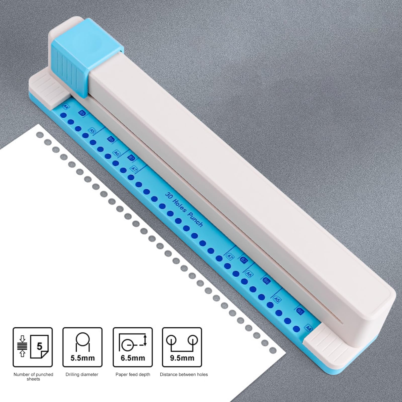 Punzonatrice per carta a 30 fori 5,5 mm perforatrice per fori rotondi 5 fogli Capacità di punzonatura per raccoglitore Notebook Planner Cartoncino Puncher desktop