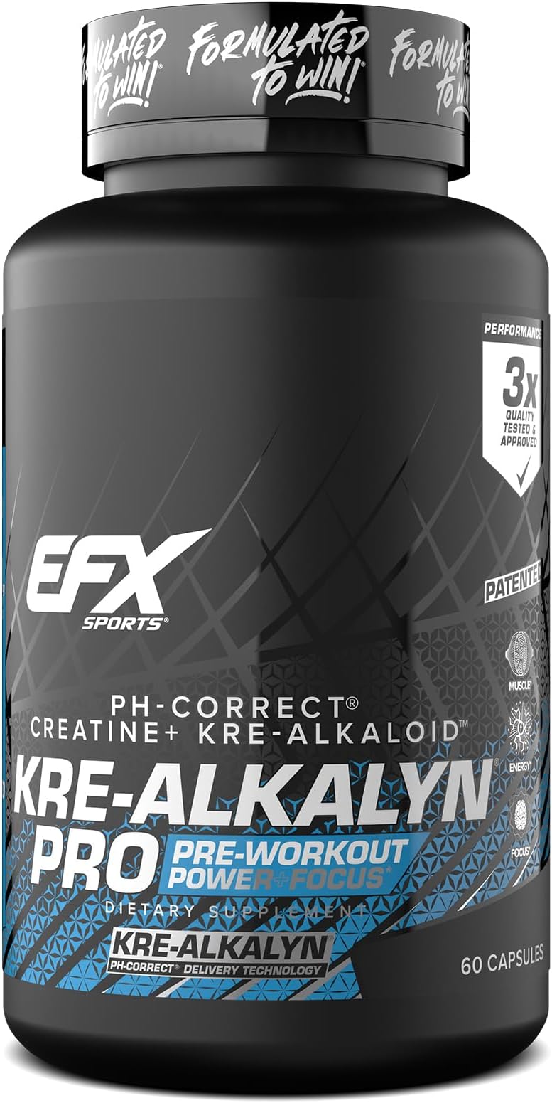 EFX Sports Kre-Alkalyn PRO – PH Correct Creatine Monohydrate Pre Workout Supplement – Multi-Patented Muscle Building Capsules for Endurance, Energy, & Strength for Men & Women
