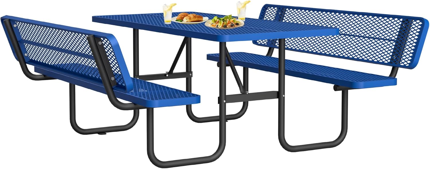 72" Metal Picnic Table with Backrest & Umbrella Hole | Heavy Duty Commercial Grade Outdoor Furniture for 4-8 People | Perfect for Garden, BBQ,Patio & Playground | Blue