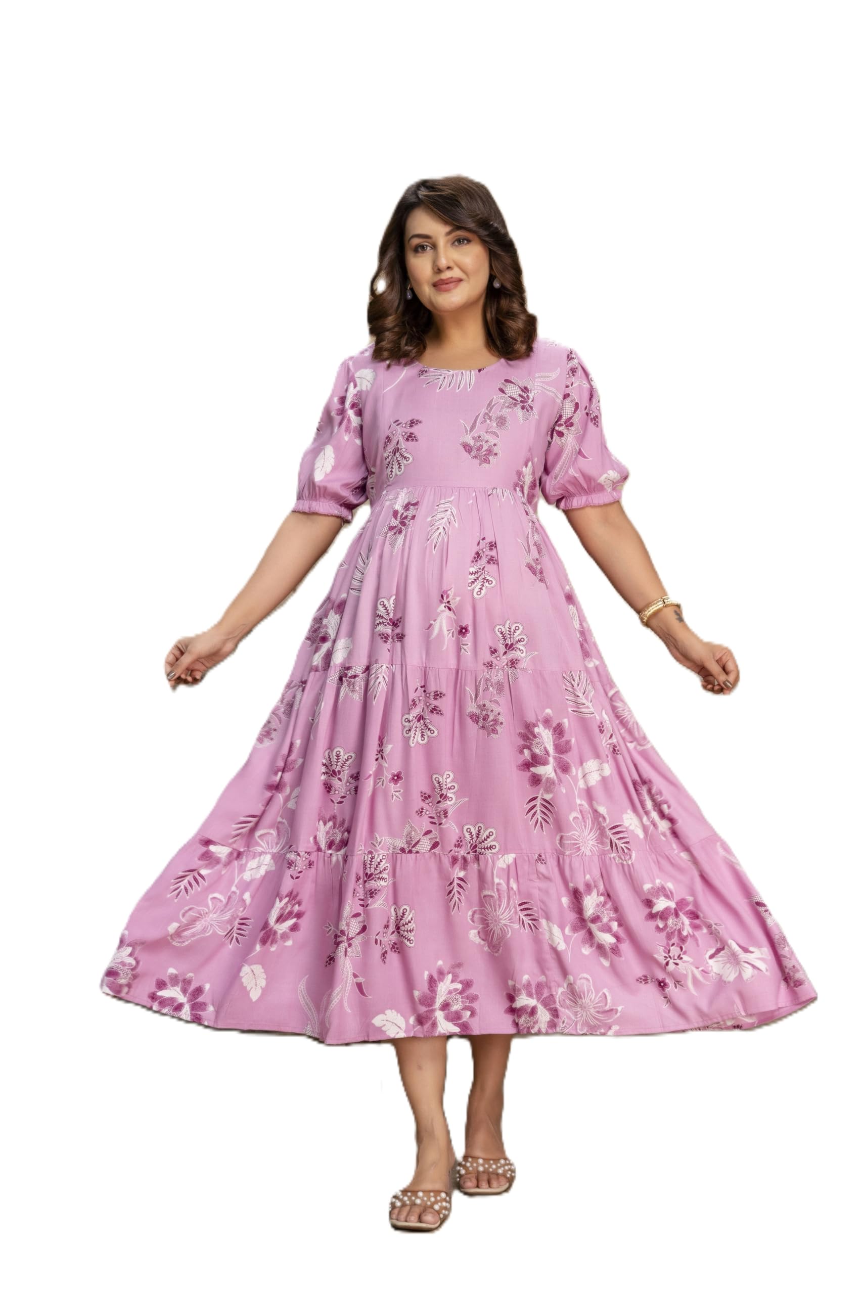 Biffy Women’s Floral Maternity Feeding Maxi Dress, Long Gown, Puff Sleeves, Umbrella Flare, Feeding Zip, Maternity wear & Staylish Maternity Dress-picture-19