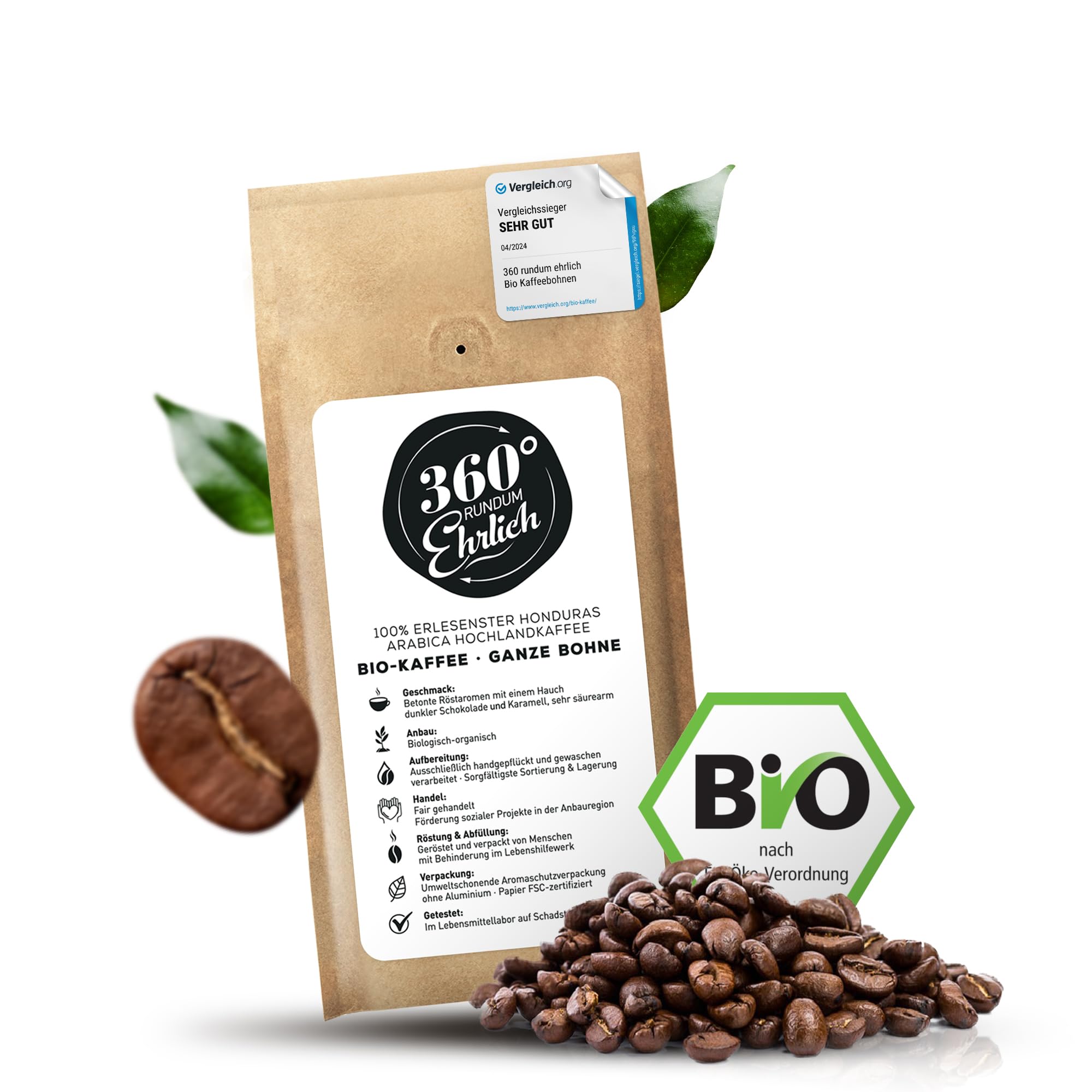 360° Bio Kaffeebohnen - Fair Trade Kaffee aus 100% Honduras Hochland Arabica ganze Bohnen – Köstlich, sehr säurearm - Ideal als Kaffeebohnen Vollautomat - 360° Rundum Ehrlich 250g