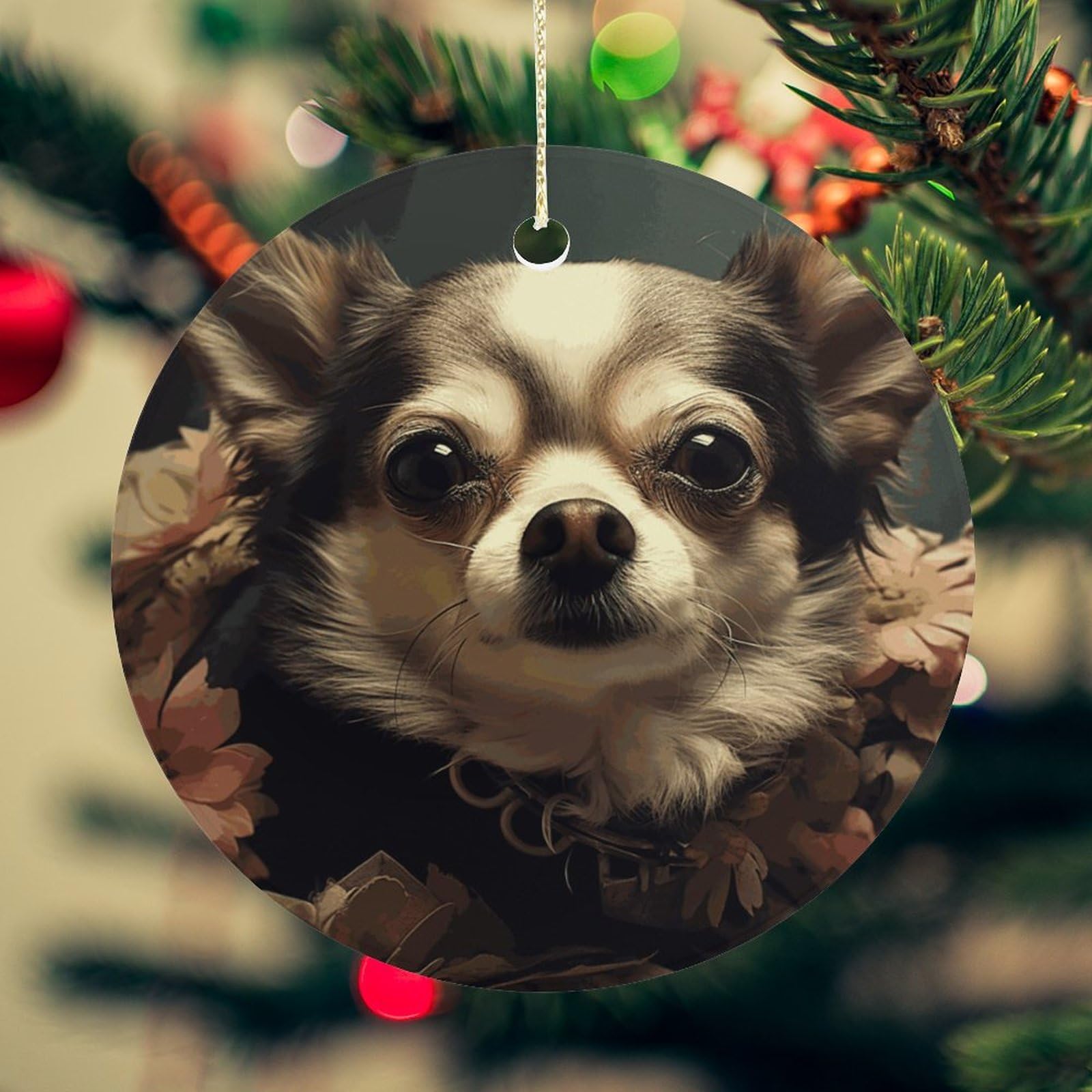 Chiwawa Christmas Ornament for Christmas Tree Ceramic Round Ornament Winter Holiday Keepsake Gift 2.7" Christmas Tree Hanging Decorations Circle Ceramic Pendant Xmas Gift