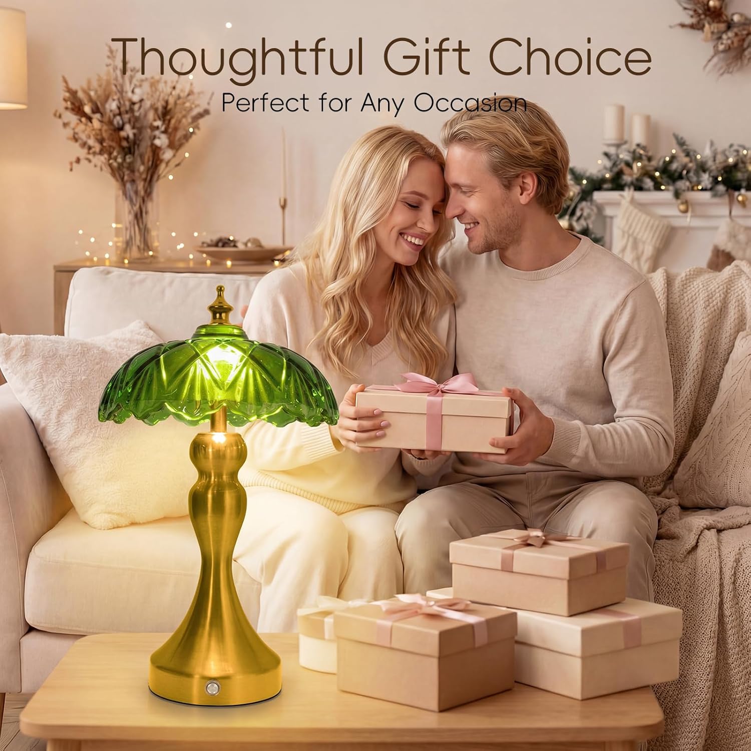 Cordless LED Table Lamp with Glass Shade, 3-Level Brightness & 3 Color Temperatures Touch Control, Rechargeable Portable Bedside Lamp for Nightstand Bedroom Living Room (Green)