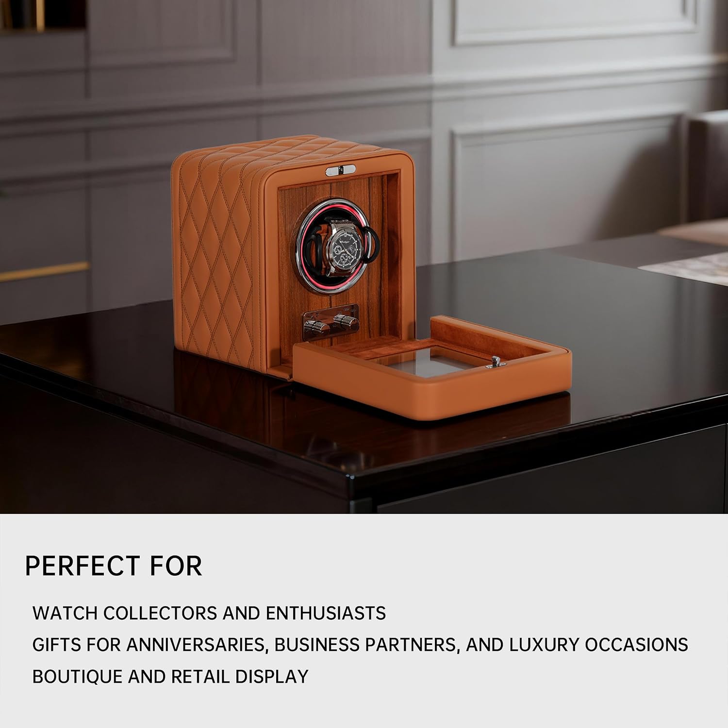 Nate Watch Winder - Brown Quilted Microfiber Leather