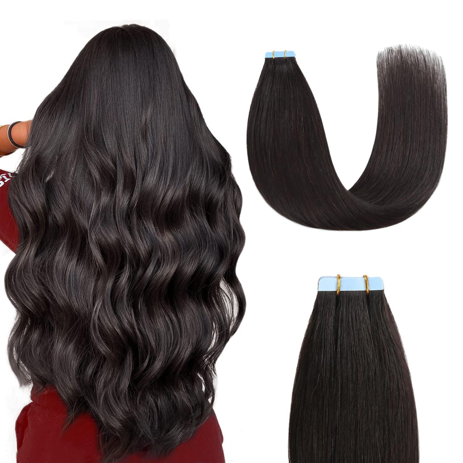 Sunya Tape Hair Extensions Human Hair Natural Black Tape In Hair Extensions Remy Human Hair Tape Extensions Invisible Skin Hair Weft Seamless 18 Inch 20pcs/Pack 50g