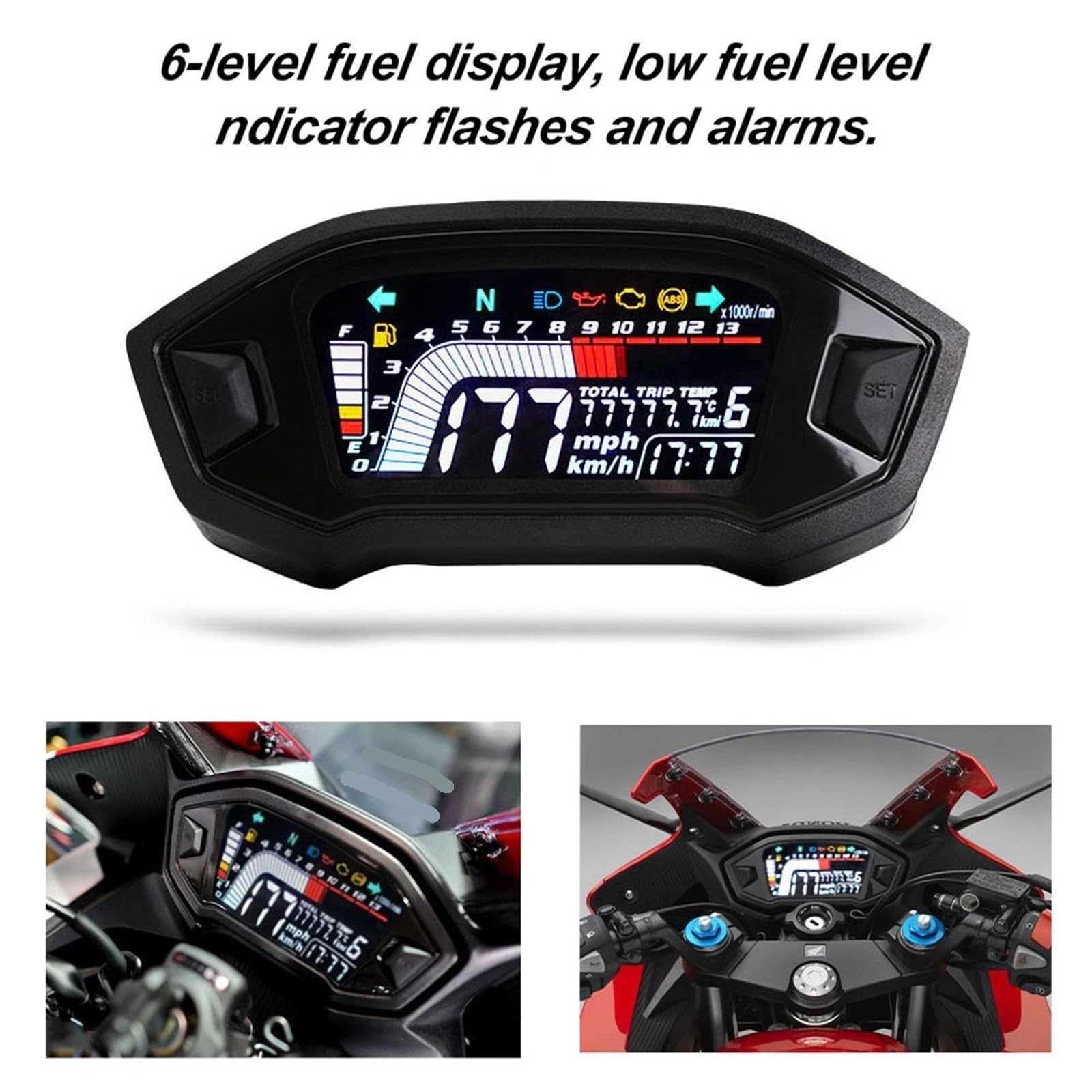 Prędkościomierz motocyklowy Licznik prędkościomierza motocyklowego, uniwersalny obrotomierz, cyfrowy wskaźnik LCD, miernik poziomu paliwa dla 1,2,4 cylindrów Prędkościomierz