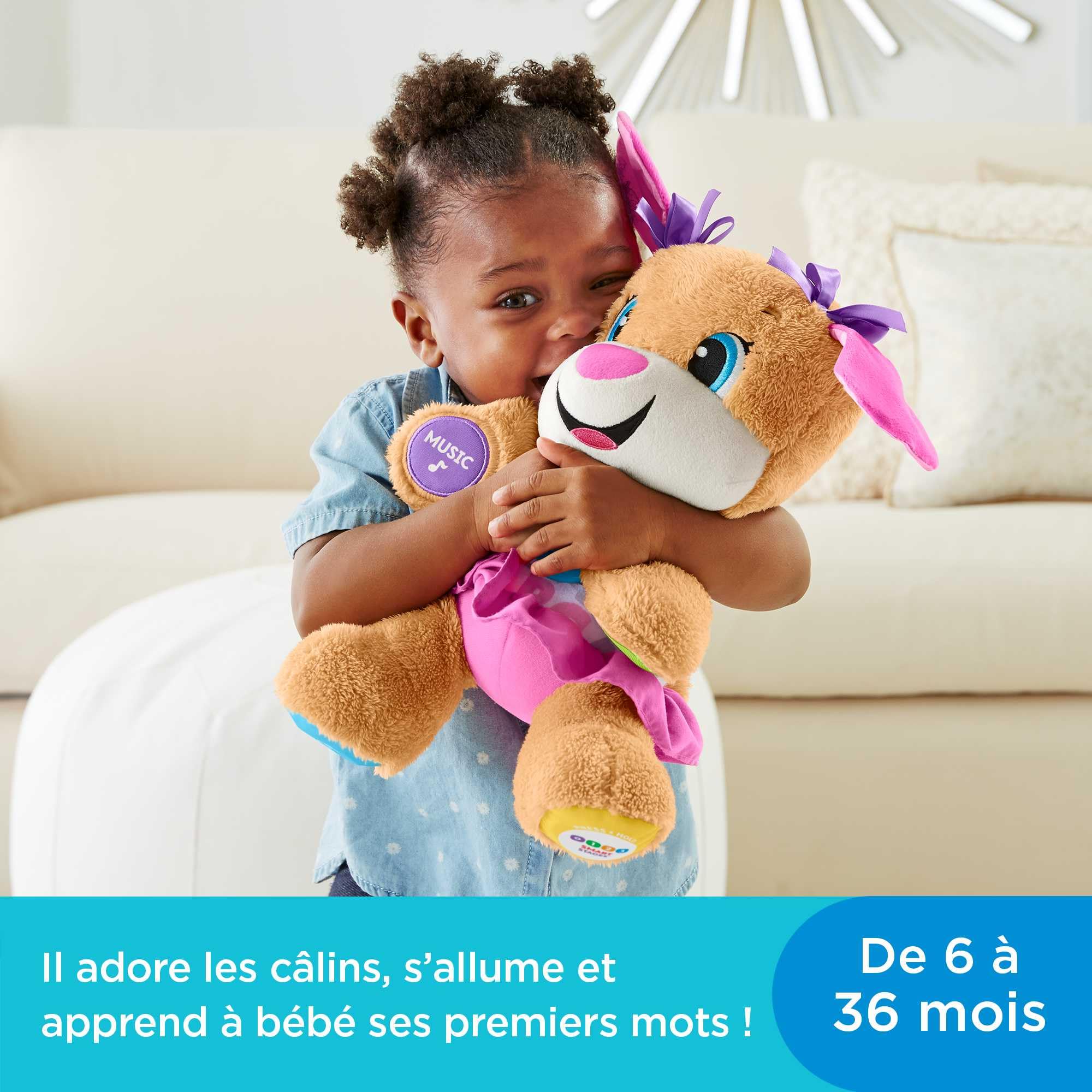 Fisher-Price Peluche Interactive Eveil Progressif Sœur de Puppy, 50+ Chansons, 3 Niveaux, Version Française, 6 Mois+, FPP52