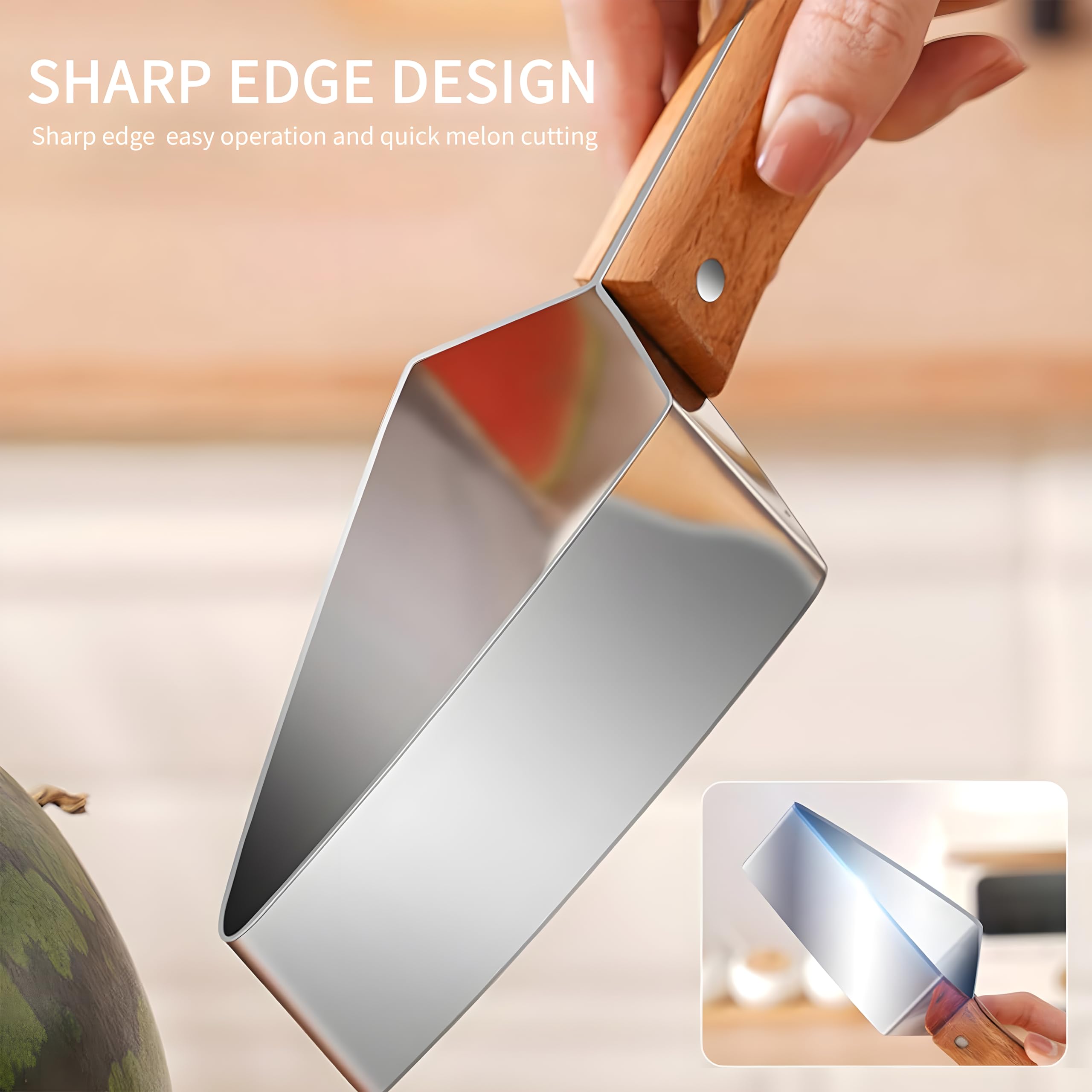 2PCS Multi-function Fruit Slicer-Watermelon Slicer, Comfort Thick Wooden Handle Stainless Steel Triangle Divider for Fruit Slicer Melon Cutting Tool for Kitchen Home Bar Party Stainless Steel
